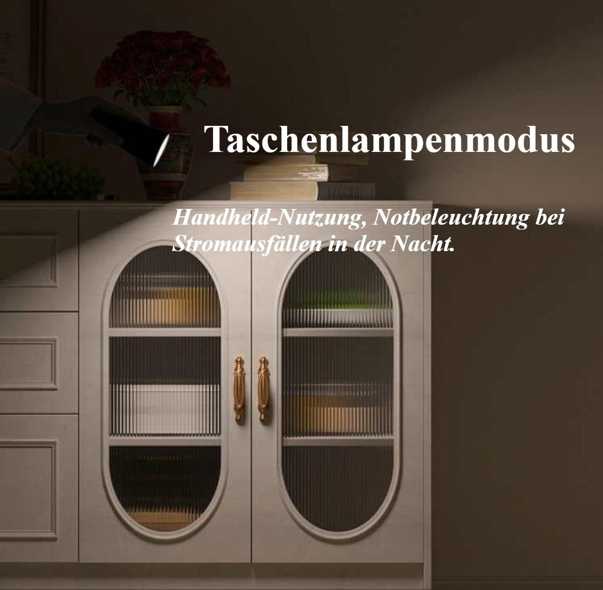 Ein Schrank mit Glastüren. Text auf dem Bild: Taschenlampenmodus. Handheld-Nutzung, Notbeleuchtung bei Stromausfällen in der Nacht.