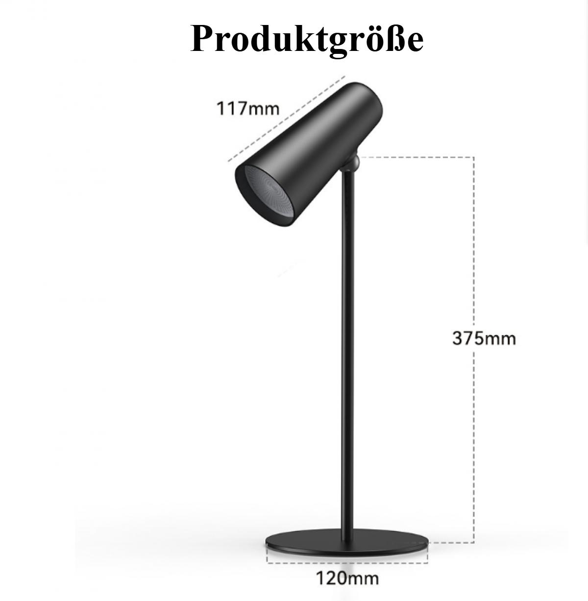 Schwarze Schreibtischlampe mit konischem Kopf und rundem Sockel. Maße sind angegeben: 117 mm, 375 mm und 120 mm.