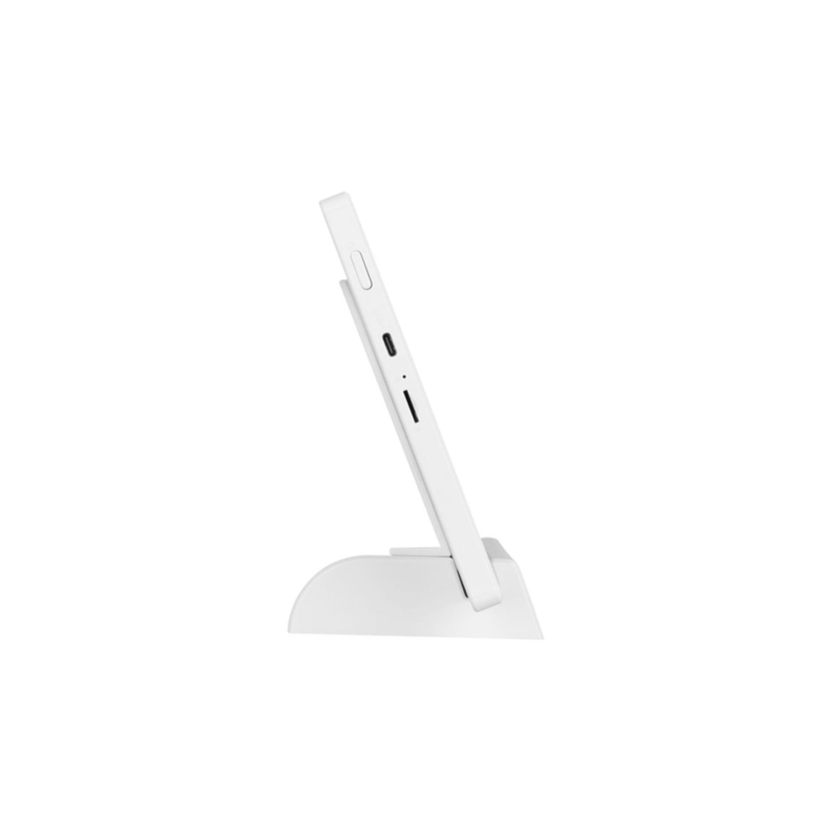 Ein weißes Tablet auf einem weißen Ständer. Das Tablet ist abgewinkelt. Der Ständer hat eine gebogene Basis. Kleine schwarze Details sind sichtbar.