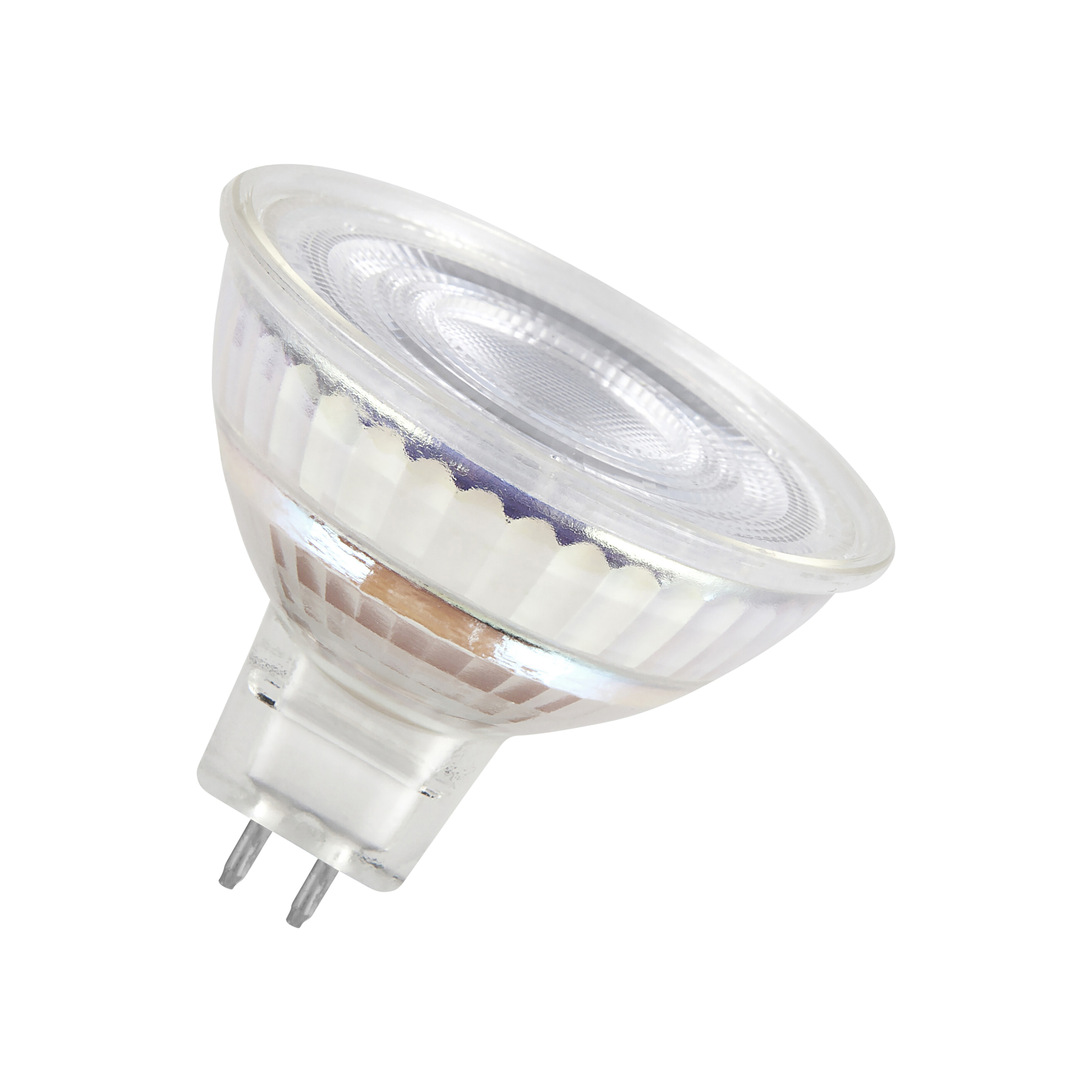 Una lampadina trasparente, simile al vetro, con due pin. È angolata verso l'alto a destra su uno sfondo bianco.