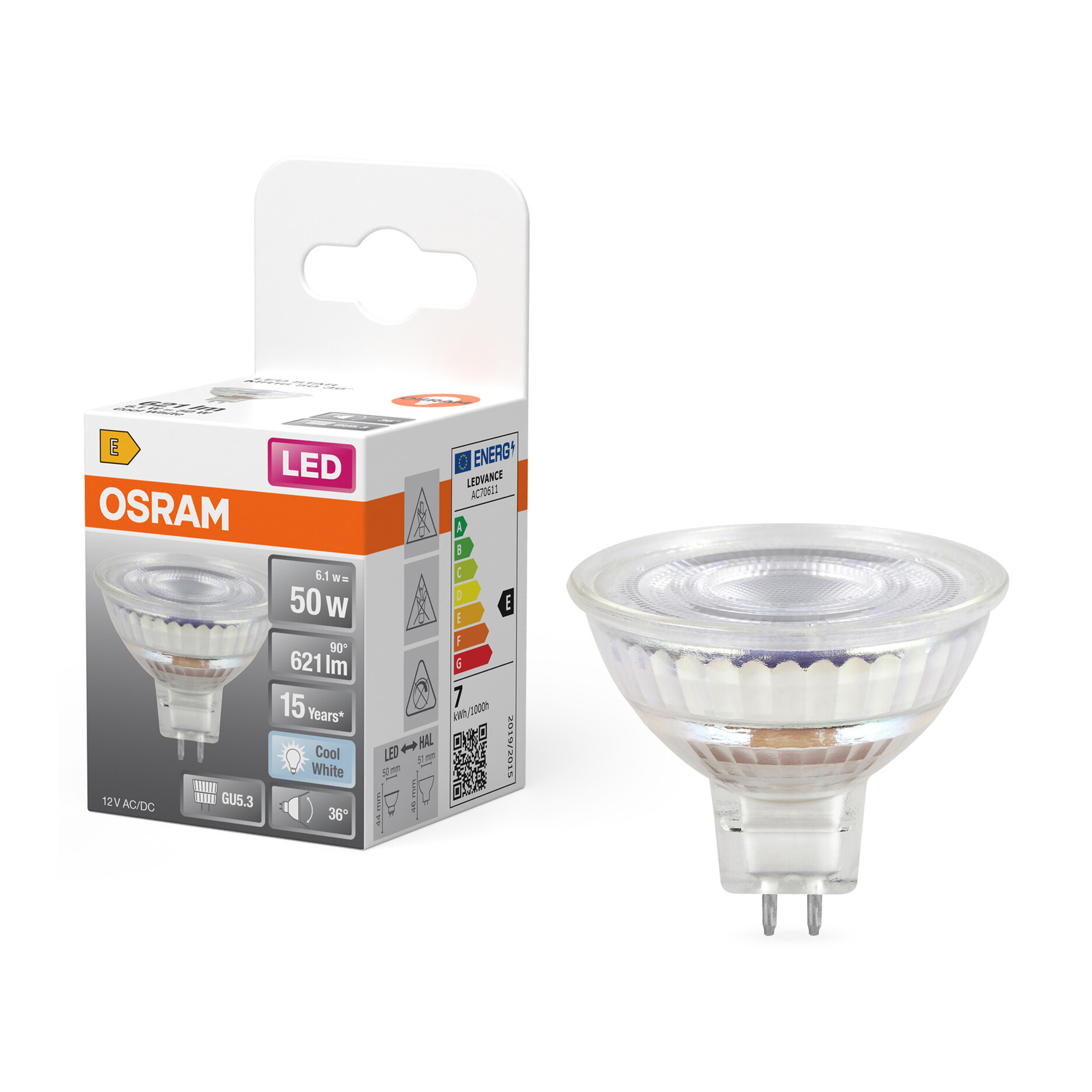 Un faretto LED Osram e la sua confezione sono in mostra. La confezione fornisce specifiche tecniche e classificazioni energetiche.