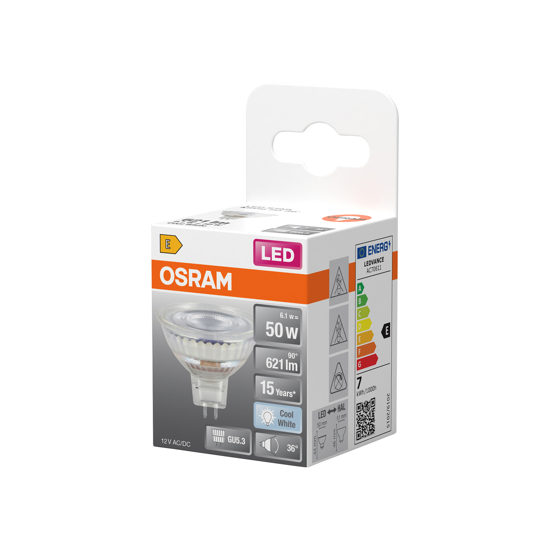 Un pacco lampada LED Osram. La scatola mostra dettagli, tra cui efficienza energetica e l'immagine di una lampadina.