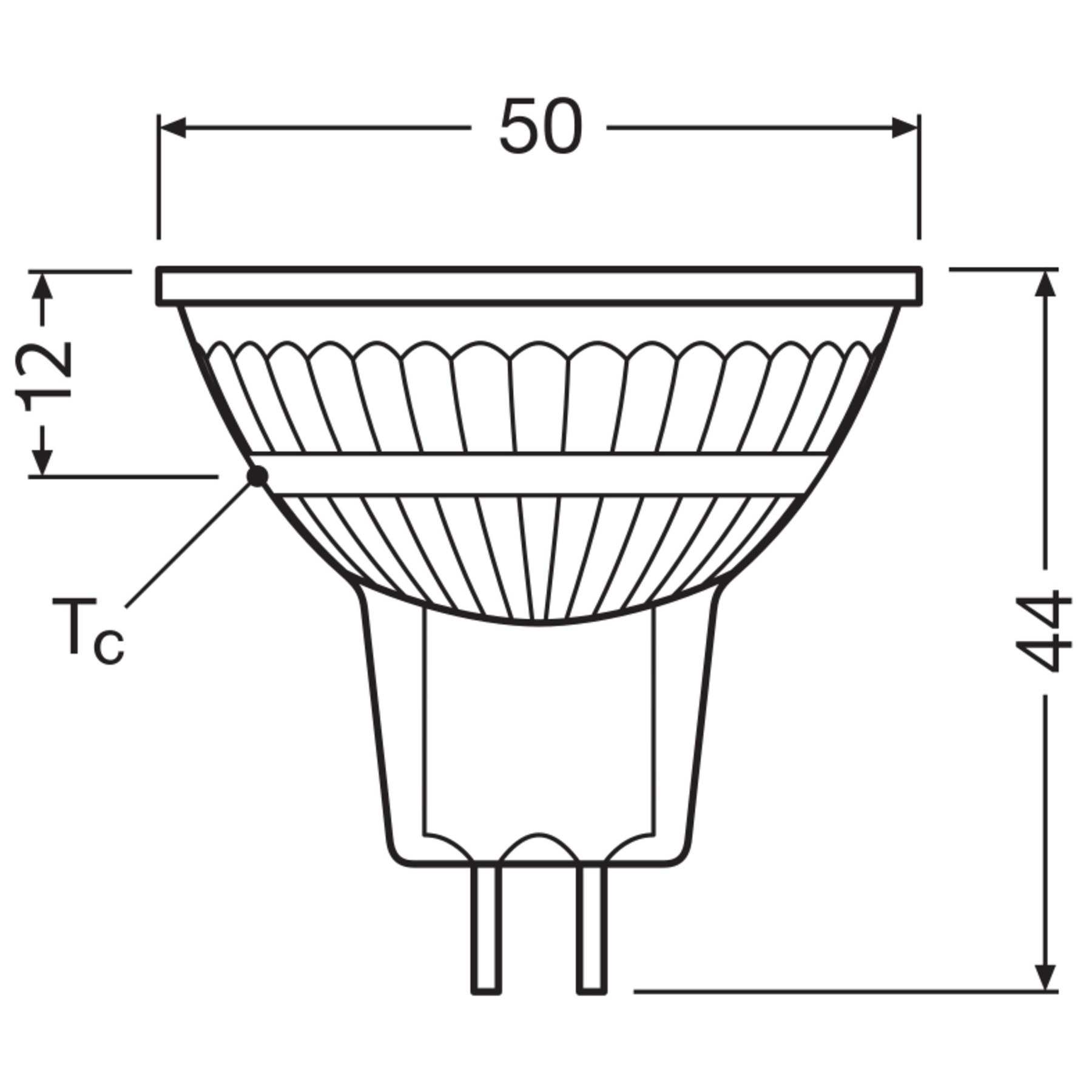 Diagramma di una lampadina. Ha dimensioni indicate in mm: 50, 12 e 44. Include un contrassegno 'Tc'.