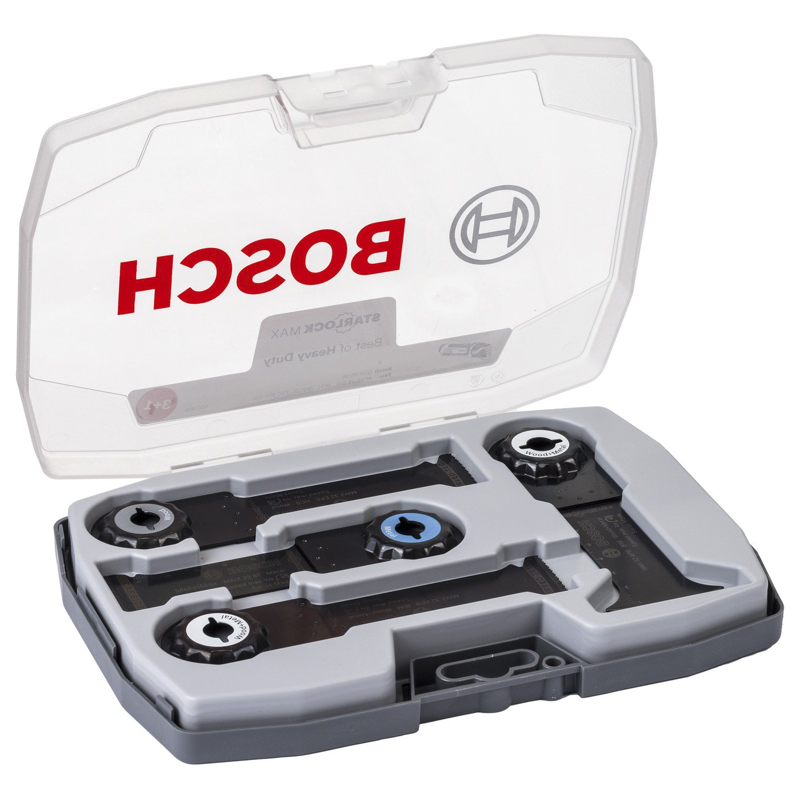 Custodia aperta di lame per seghetto alternativo Bosch Starlock Max. Lame nere, custodia grigia, coperchio trasparente.