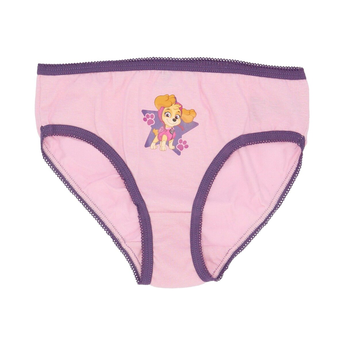 Rosa Kinderunterwäsche mit Paw Patrol Skye Design. Lila Besatz und ein Stern mit Skye auf der Vorderseite.