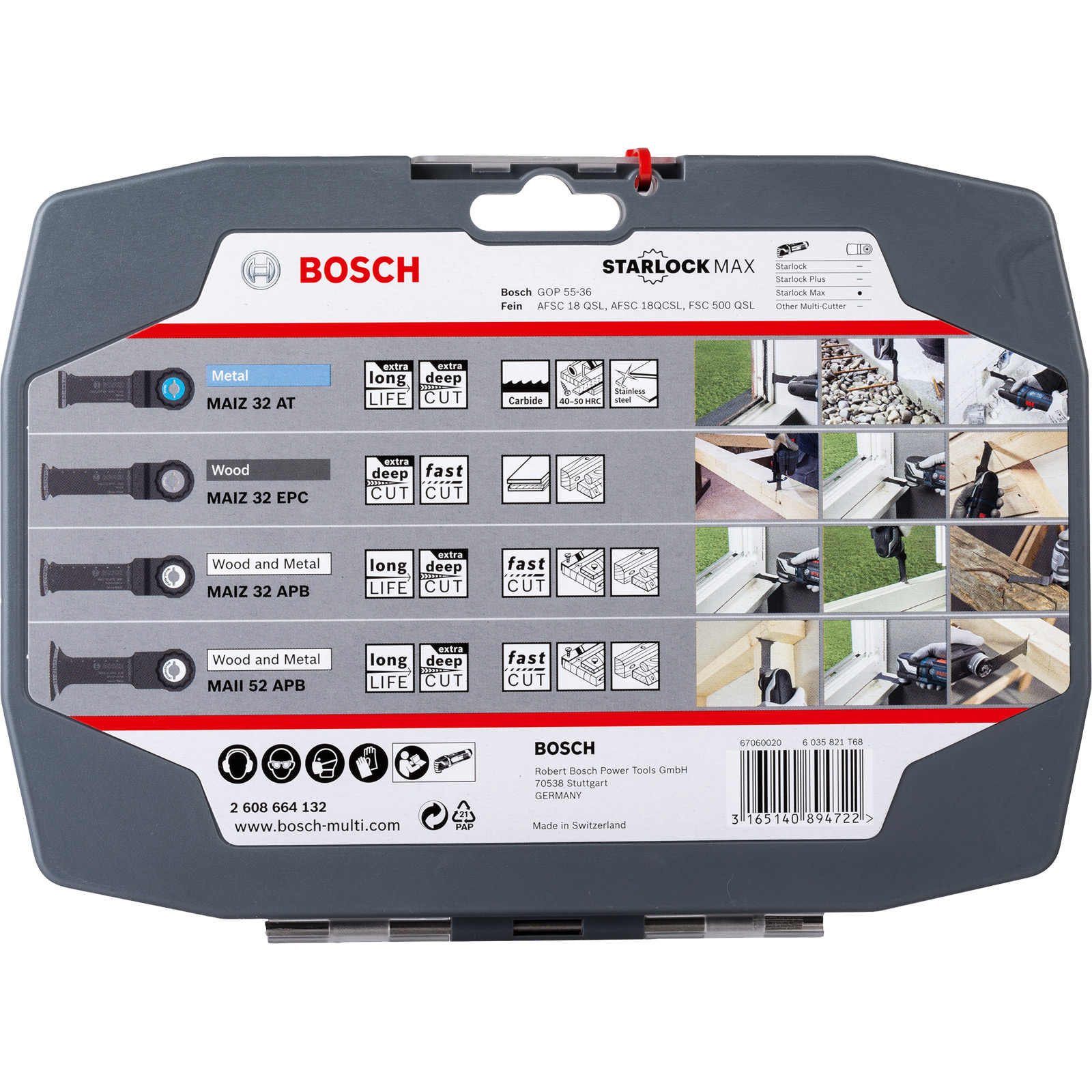 Confezione del set di utensili Bosch Starlock Max. Custodia grigia con utensili e descrizioni per metallo, legno e legno/metallo.