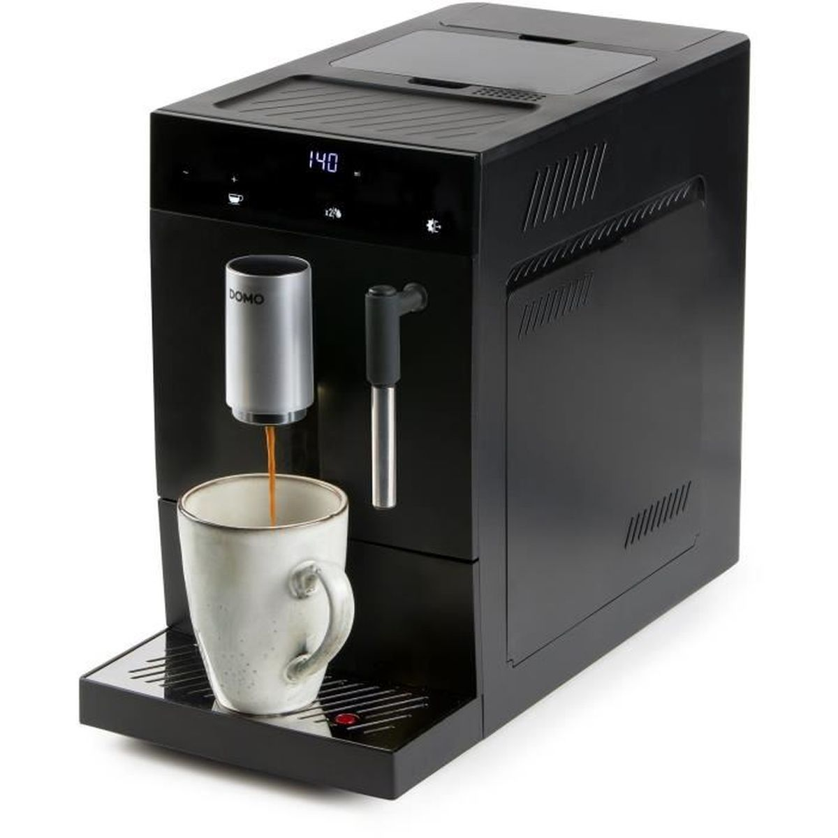 Una macchina da caffè espresso nera sta preparando il caffè in una tazza bianca. Il display digitale mostra '140'. La macchina è su un vassoio nero.