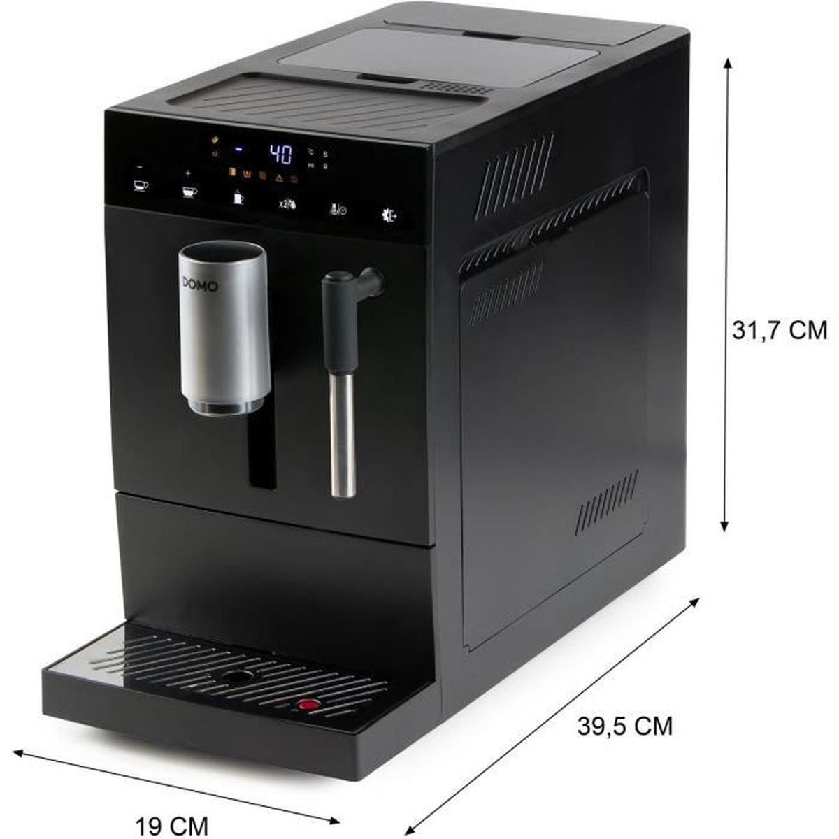 Macchina da caffè nera con dettagli argento. Marchio DOMO. Dimensioni: 19x39,5x31,7 cm. Il display digitale mostra '40'.