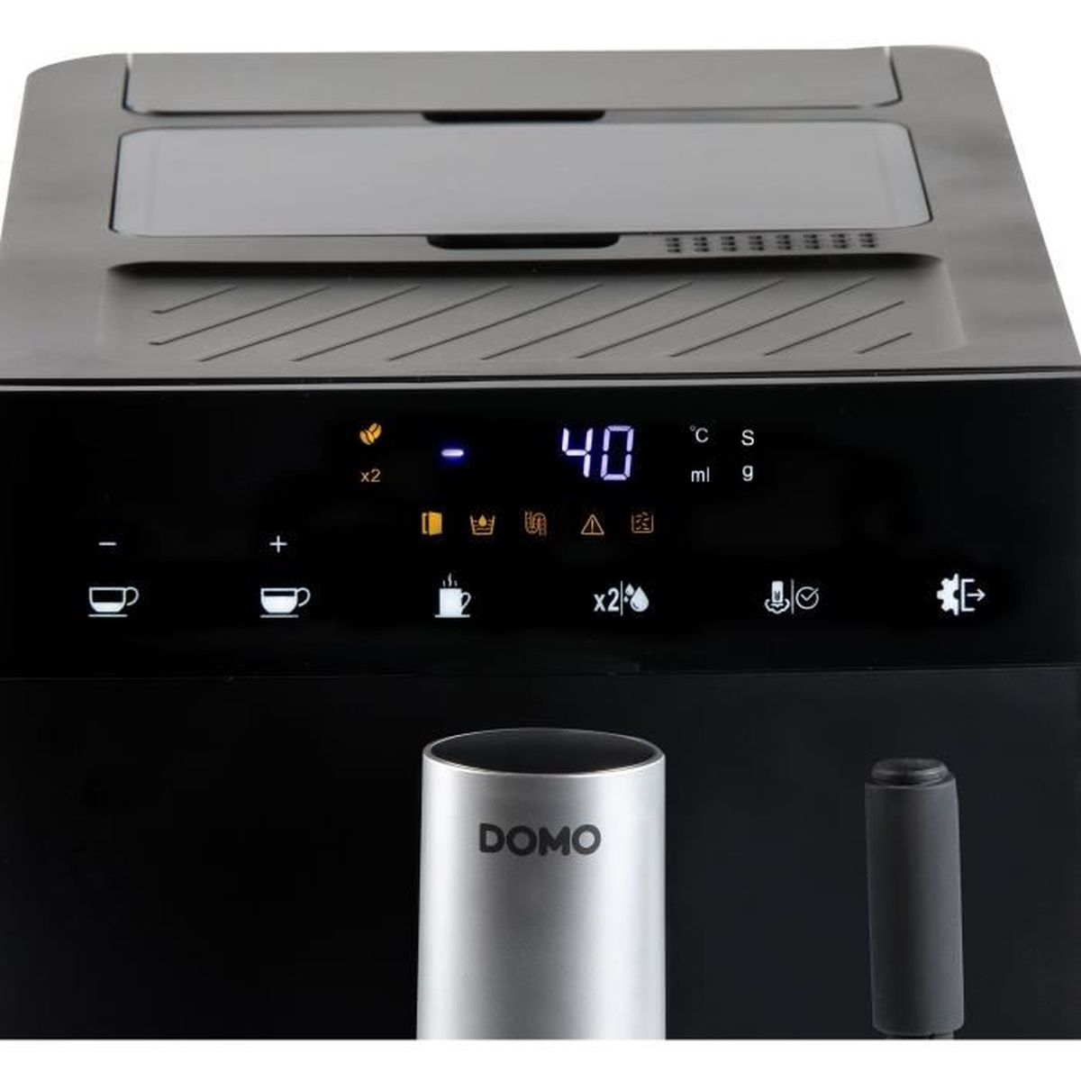 Primo piano di una macchina da caffè DOMO nera e argento, che mostra un display digitale con 40 e varie icone di funzione.