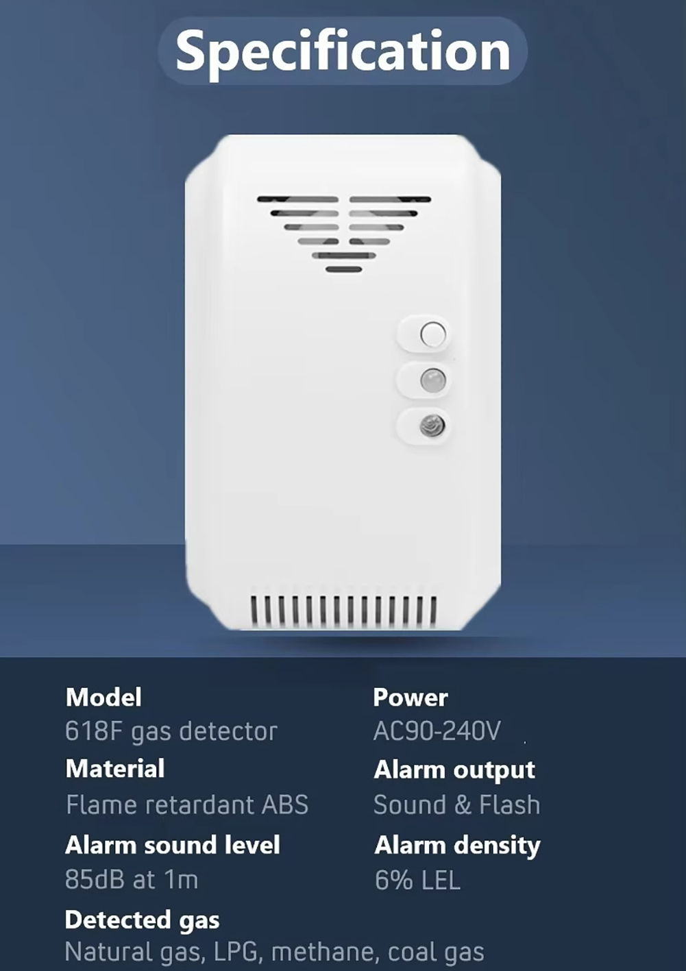 Ein weißer Gasdetektor mit Knöpfen und Lüftungsschlitzen. Spezifikationen umfassen Modell, Material, Alarmlautstärke, Leistung und Alarmdichte.