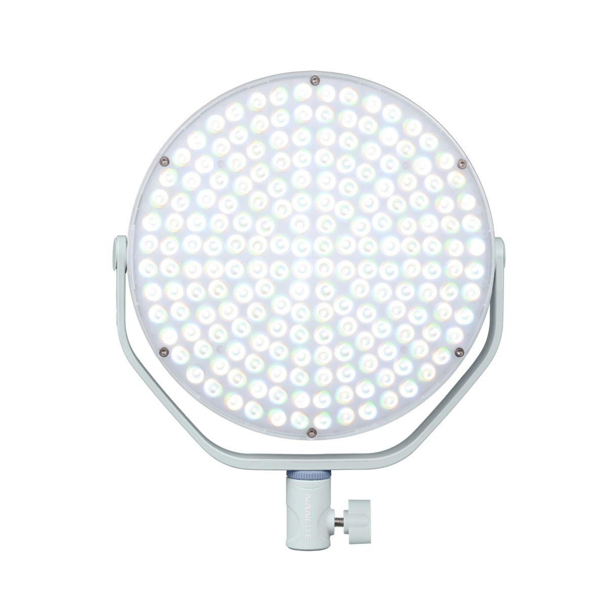 Un pannello LED rotondo, con molte luci luminose. Ha un supporto collegato. Il pannello è bianco con un supporto grigio.