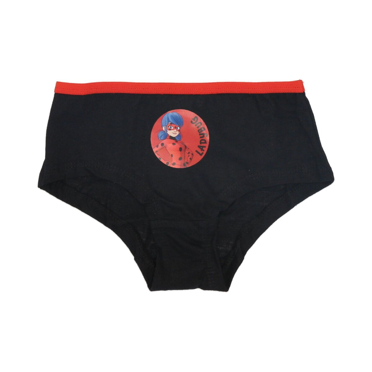 Schwarze Unterwäsche mit rotem Rand und einem Ladybug-Logo. Das Logo zeigt ein Mädchen im Marienkäfer-Anzug.