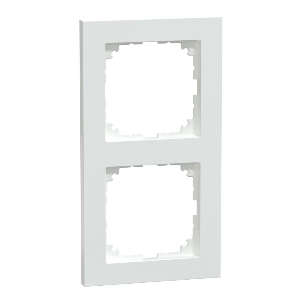 Una placca da parete rettangolare bianca con due aperture quadrate. La placca ha un design pulito e moderno, probabilmente per prese elettriche.