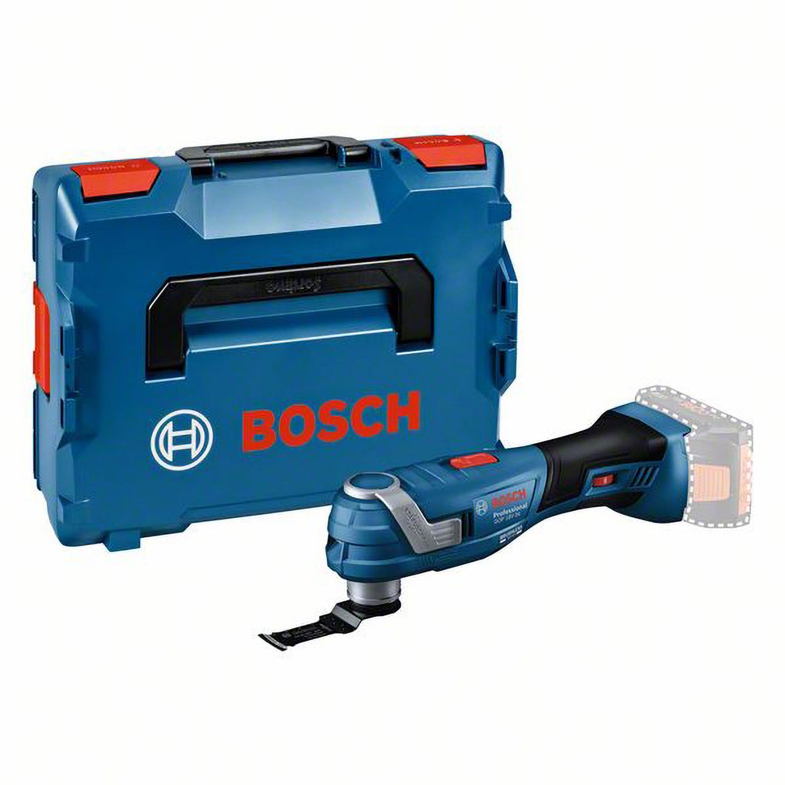 Set di utensili Bosch blu con un multiutensile oscillante blu e nero. Una custodia blu a sinistra.