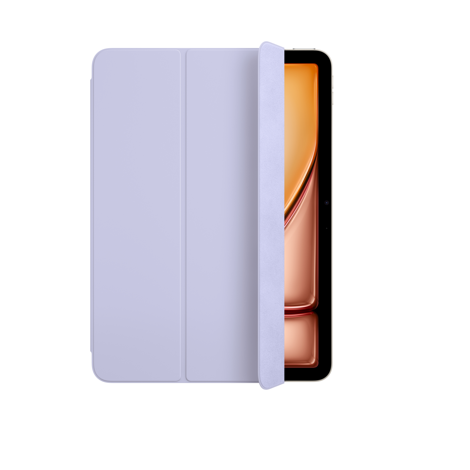 Ein Tablet in einer lavendelfarbenen Hülle, teilweise geöffnet. Der Bildschirm zeigt einen orange-braunen Farbverlauf. Weißer Hintergrund.