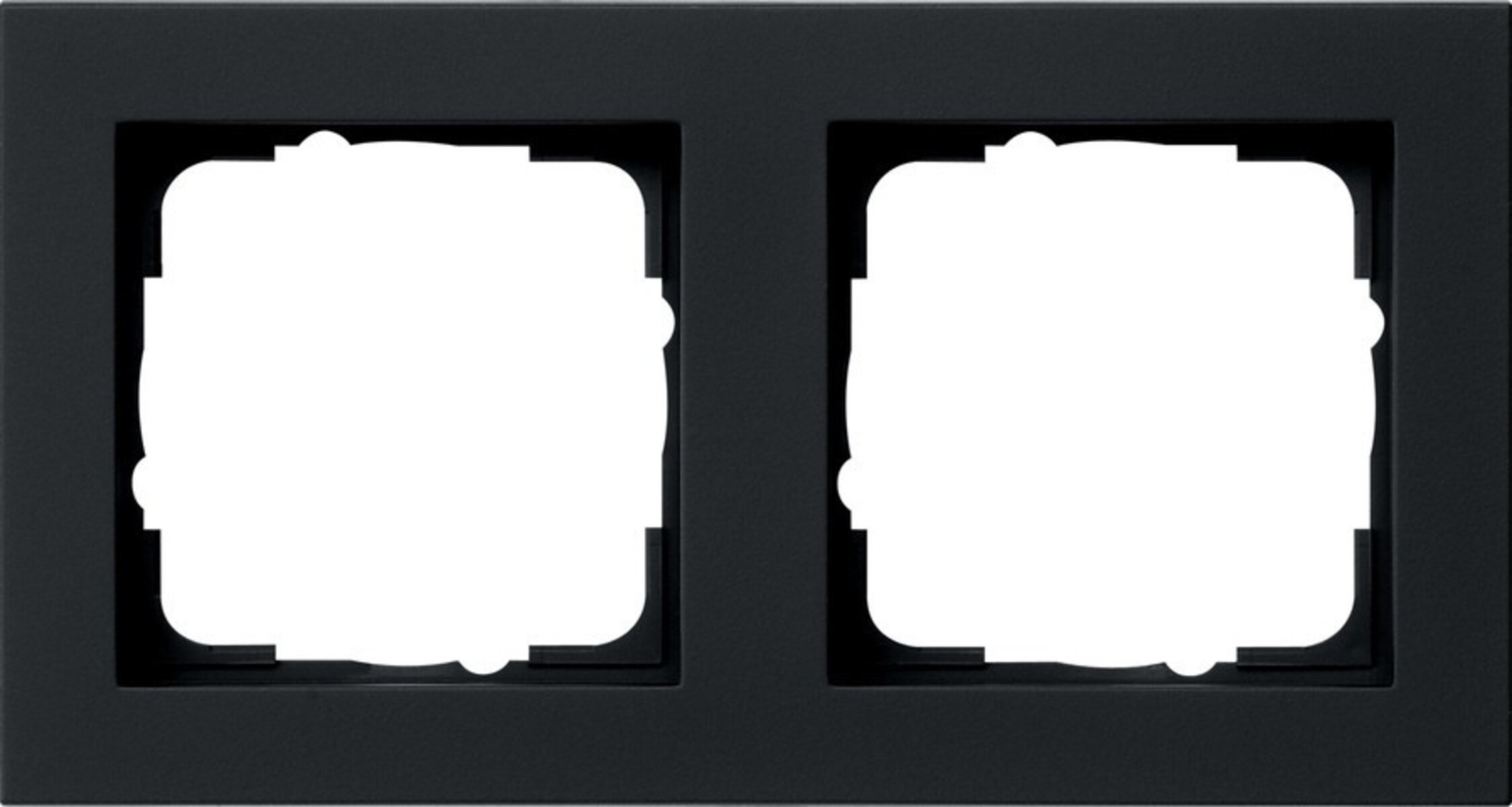 Una copertura nera per interruttore doppio con due aperture rettangolari. Ogni apertura ha un interno bianco.