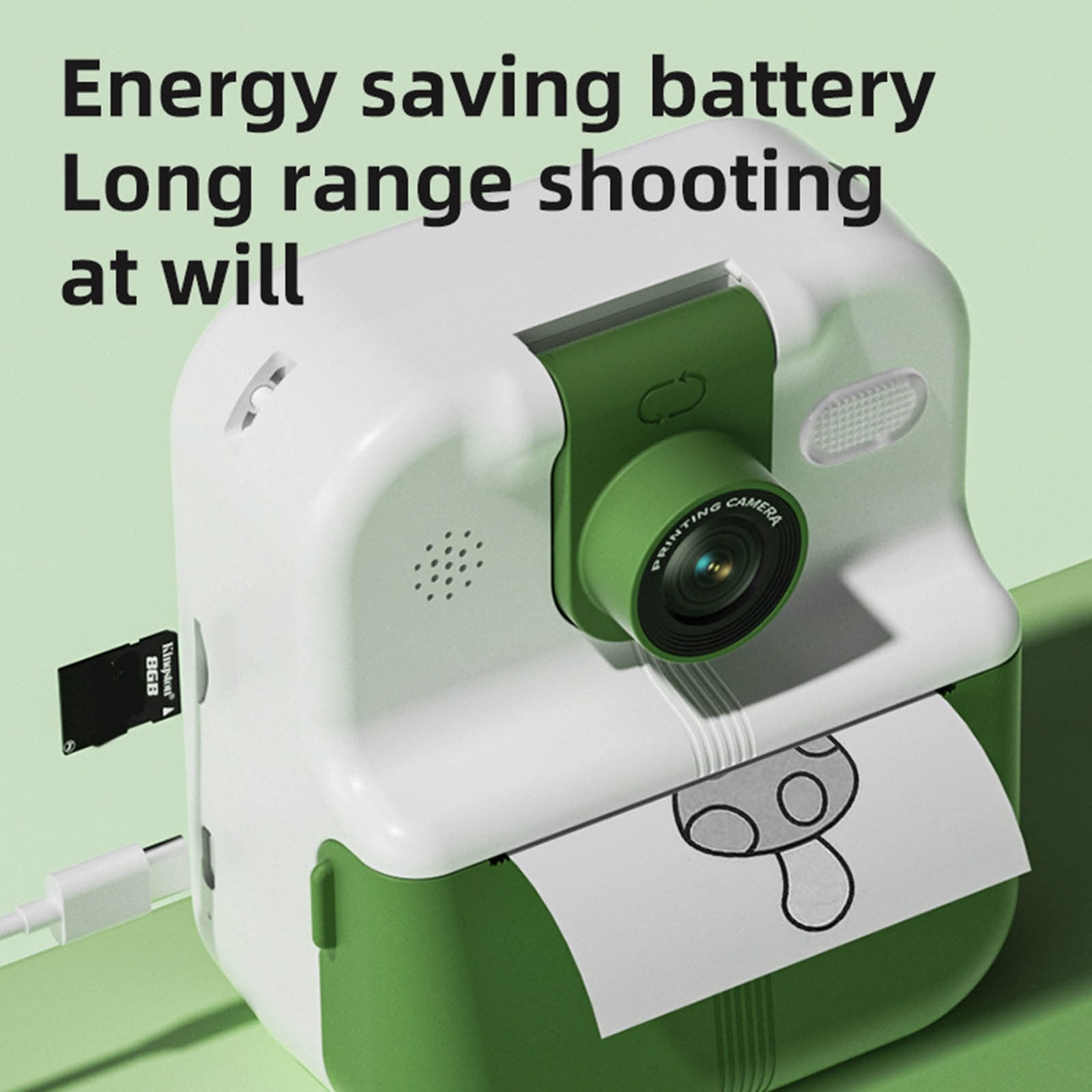 Eine weiß-grüne Druckkamera mit einem gedruckten Pilzdesign, SD-Karte und USB-Kabel.