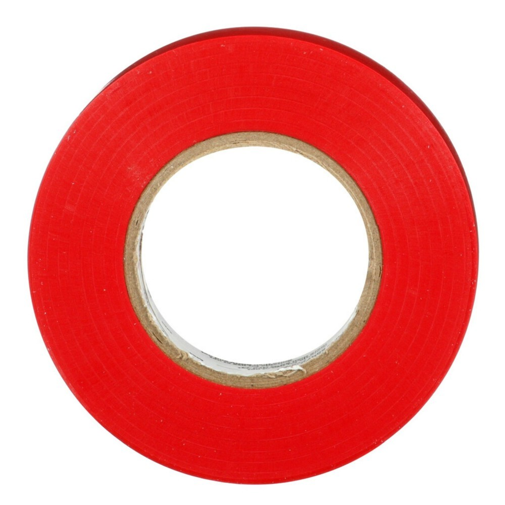 Un rotolo di nastro rosso è centrato. Il nastro è avvolto attorno a un'anima di cartone. Lo sfondo è bianco.