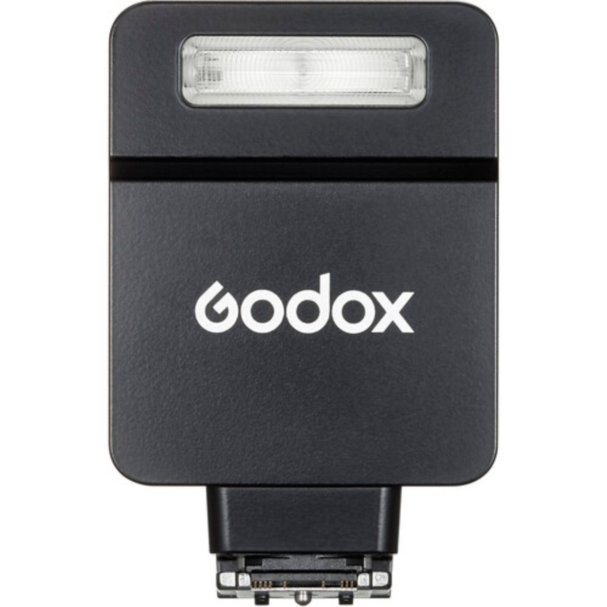 Ein schwarzer Godox-Kamera-Blitz mit einem weißen Lichtfeld oben. Das Godox-Logo ist weiß auf der Vorderseite.