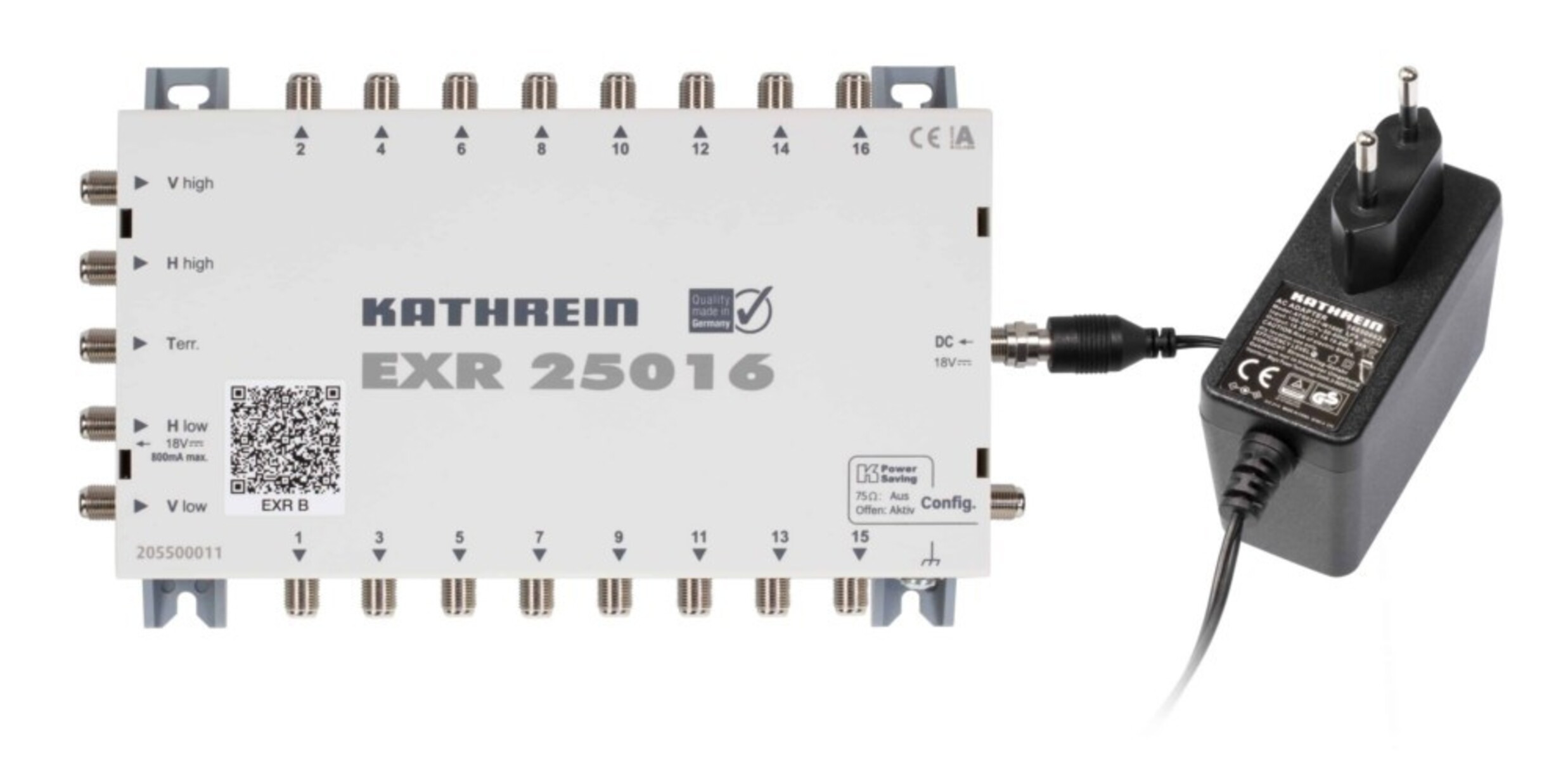 Un dispositivo bianco Kathrein EXR 25016 e un adattatore di alimentazione nero. Il dispositivo ha più porte di ingresso.