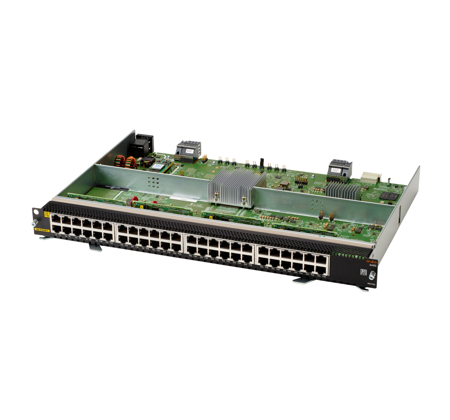 Ein Netzwerk-Switch mit zahlreichen Ports zeigt interne Leiterplatten und Kühlelemente in einem Metallrahmen.