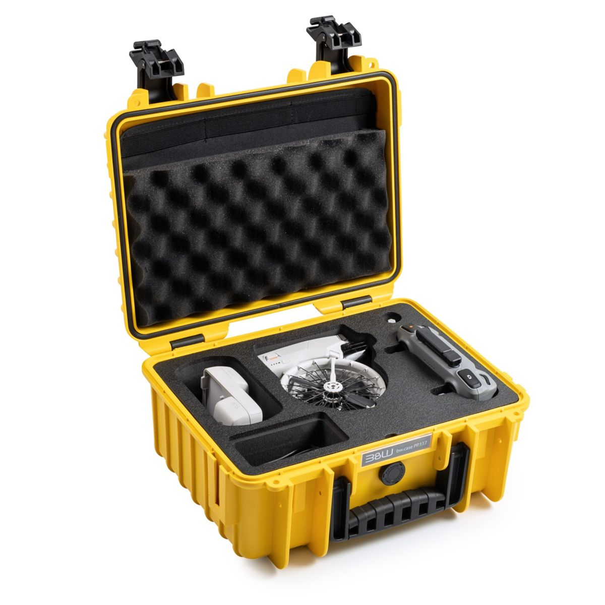 Valigetta gialla aperta con drone e accessori. Include drone, telecomando, caricatore e protezione elica, tutto in schiuma protettiva.