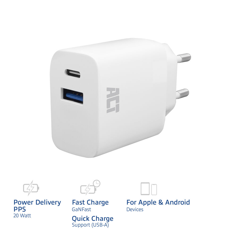 Un chargeur ACT blanc avec deux ports, USB-C et USB-A. Le texte indique l'alimentation, la charge rapide et la compatibilité.