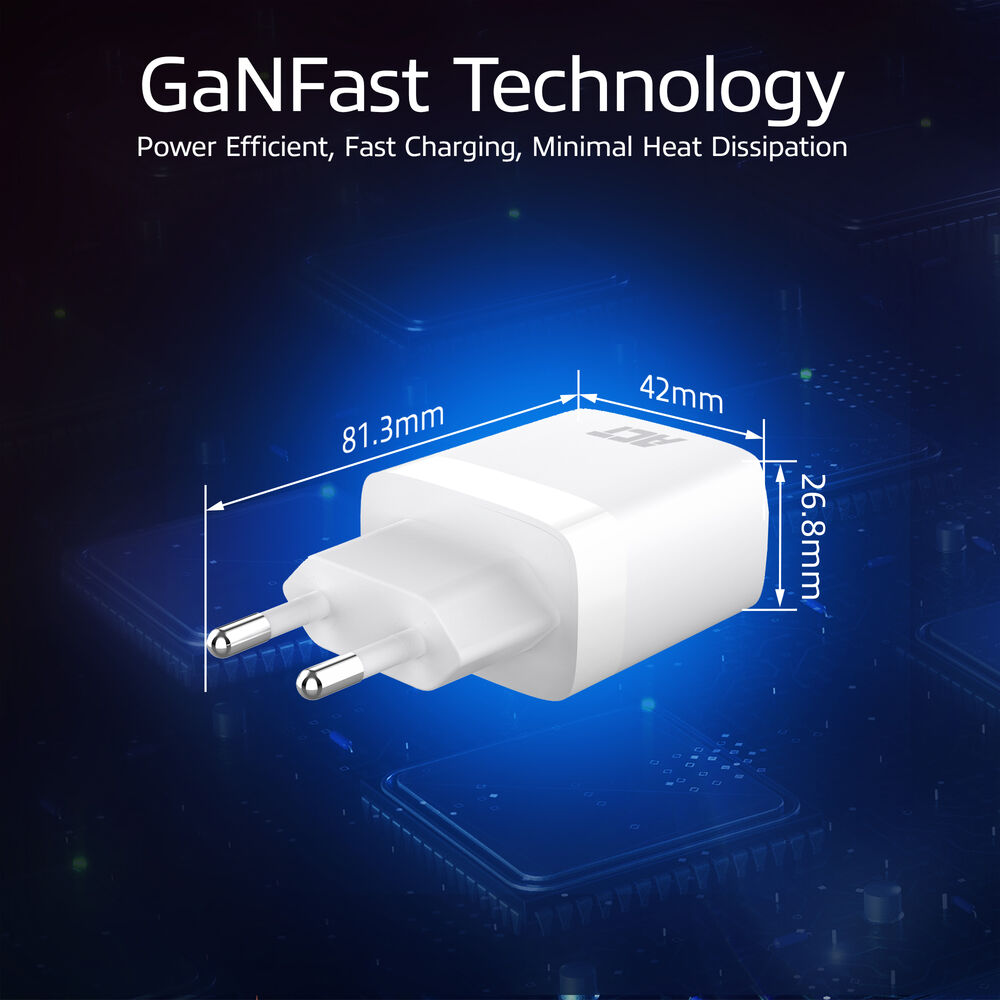 Adaptateur secteur blanc avec dimensions. Texte: GaNFast Technology, Power Efficient, Fast Charging, Minimal Heat Dissipation.