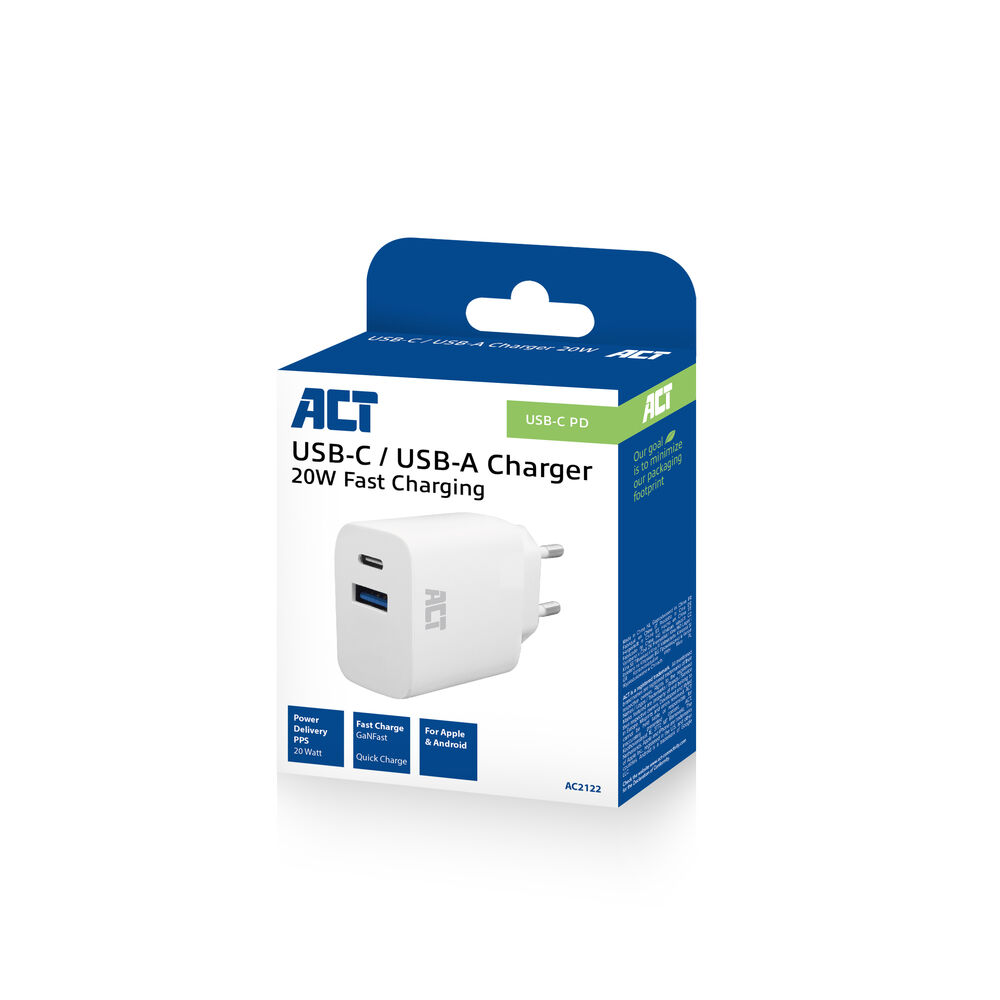 Un chargeur USB-C ACT blanc est sur une boîte. Il possède des ports USB-C et USB-A. La boîte est bleue et blanche avec du texte.