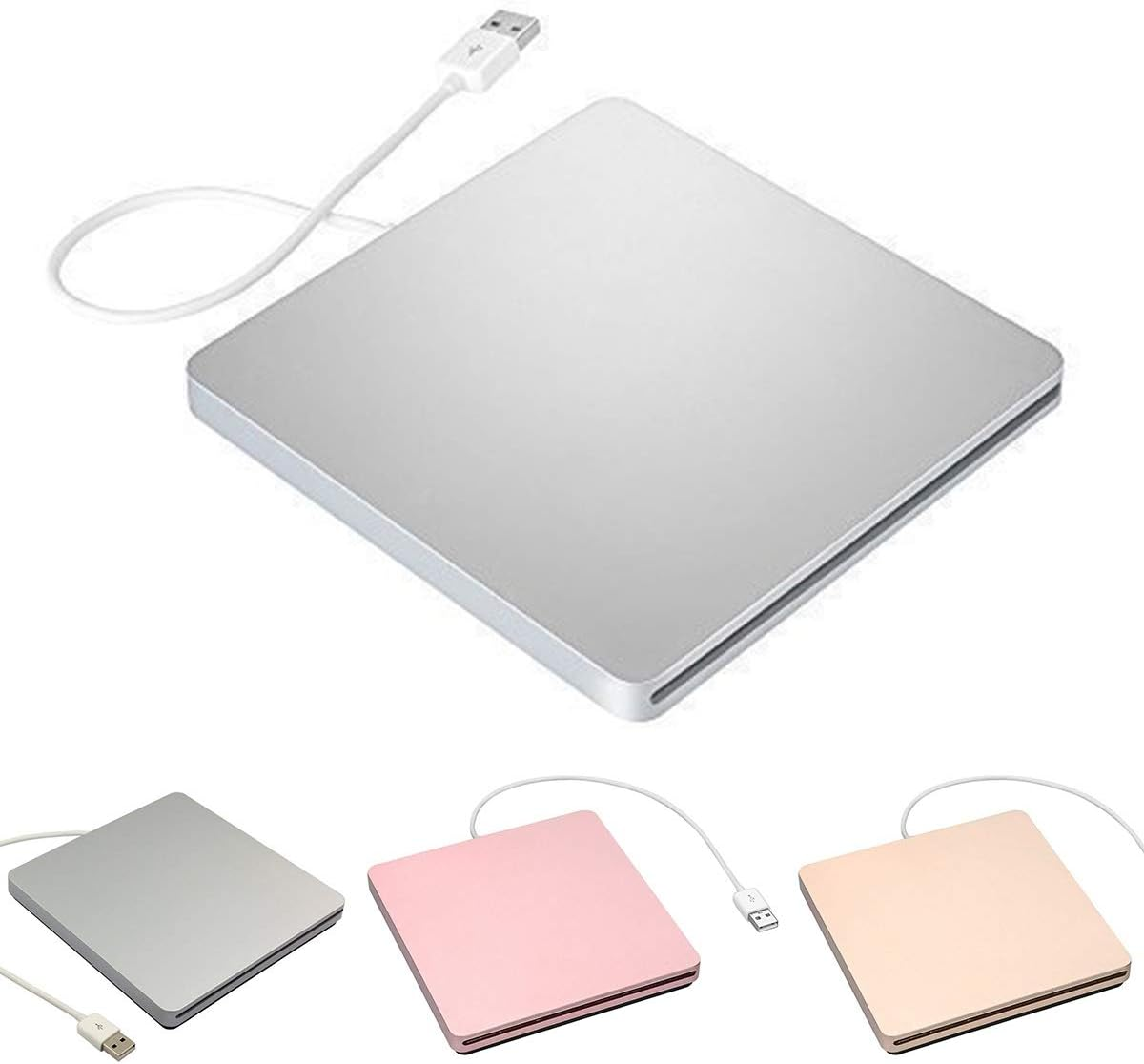 Ein silbernes externes DVD-Laufwerk mit weißem USB-Kabel. Darunter drei farbige Laufwerke: silber, rosa und gold.