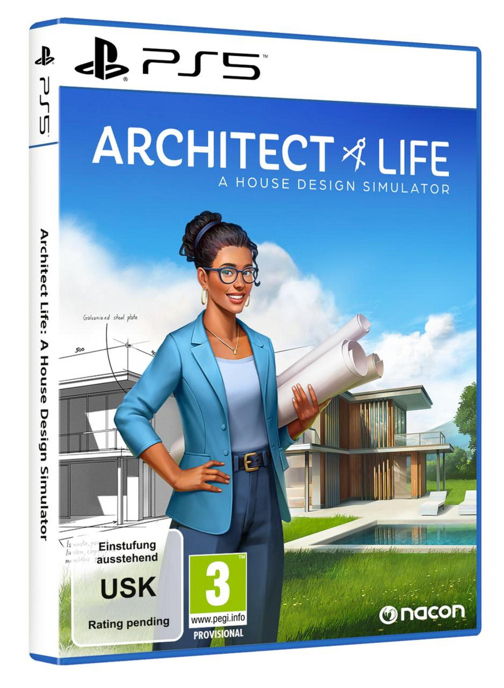 Scatola del gioco PS5. Una donna in blu tiene dei progetti. Il gioco è Architect of Life, un simulatore di design di case.