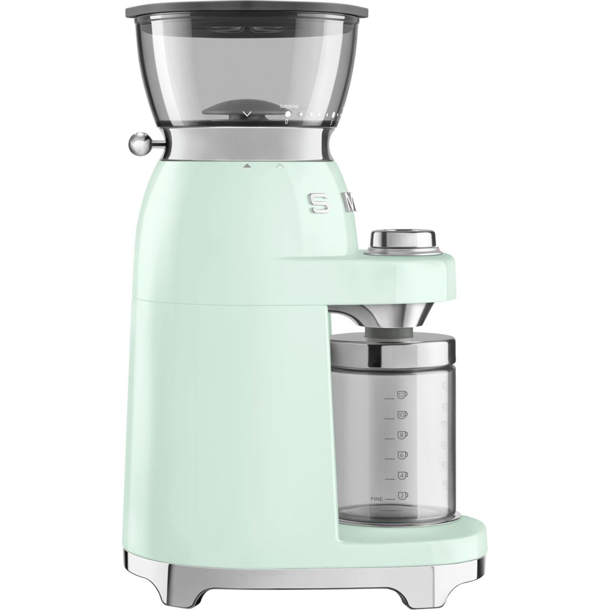 Un molinillo de café SMEG verde menta con una tolva transparente en la parte superior y un recipiente de vidrio.