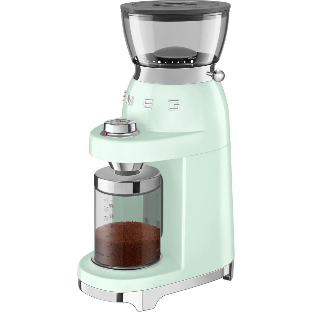 Un molinillo de café verde menta con una tolva transparente y un recipiente de vidrio con café molido. Tiene un diseño retro.