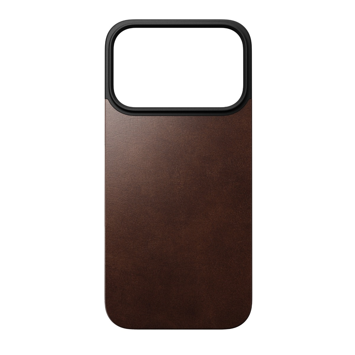 Una custodia per telefono in pelle marrone con una cornice nera attorno all'intaglio della fotocamera. Lo sfondo è bianco.