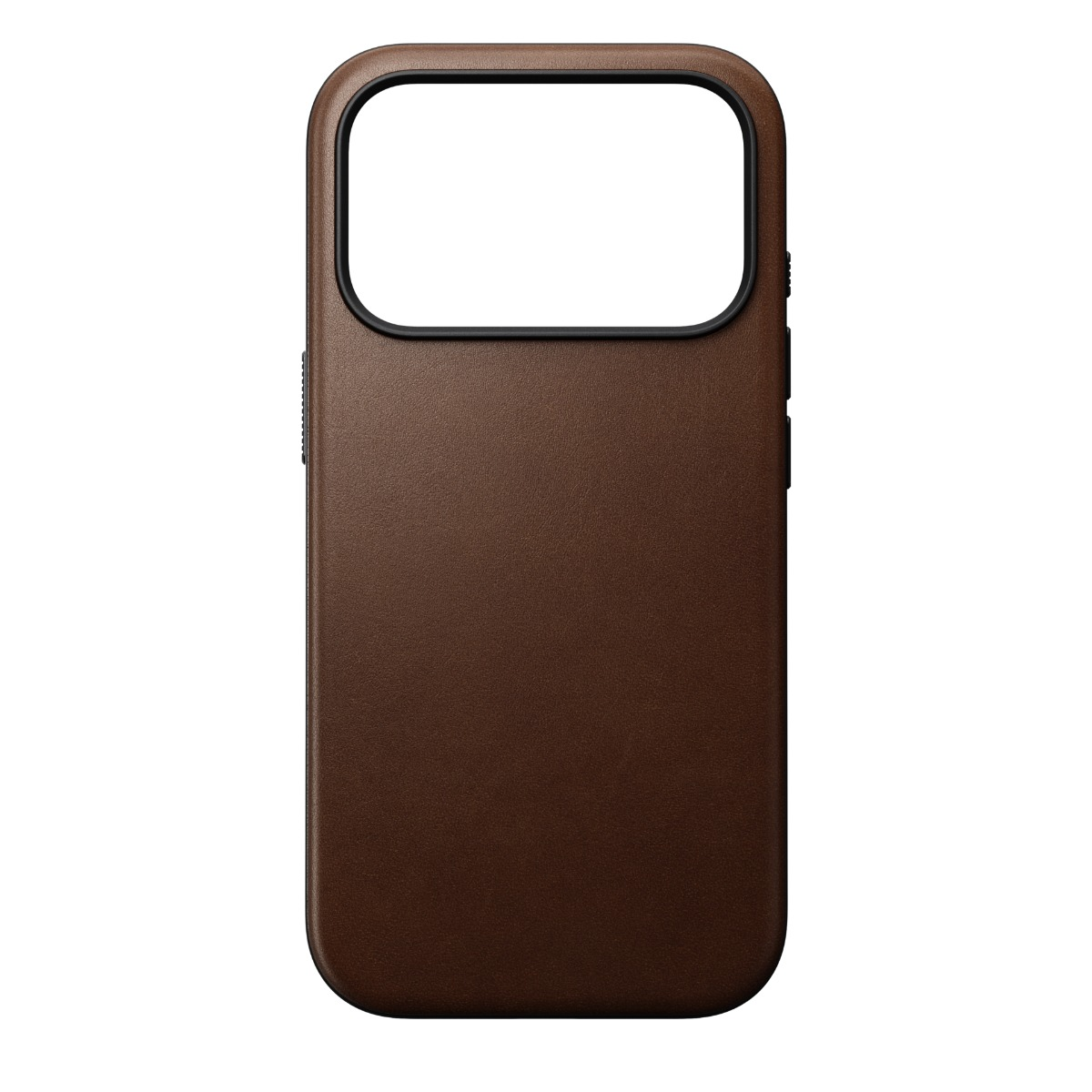 Una custodia per telefono marrone con un ritaglio nero per la fotocamera. La custodia ha una superficie strutturata e un design liscio e arrotondato.