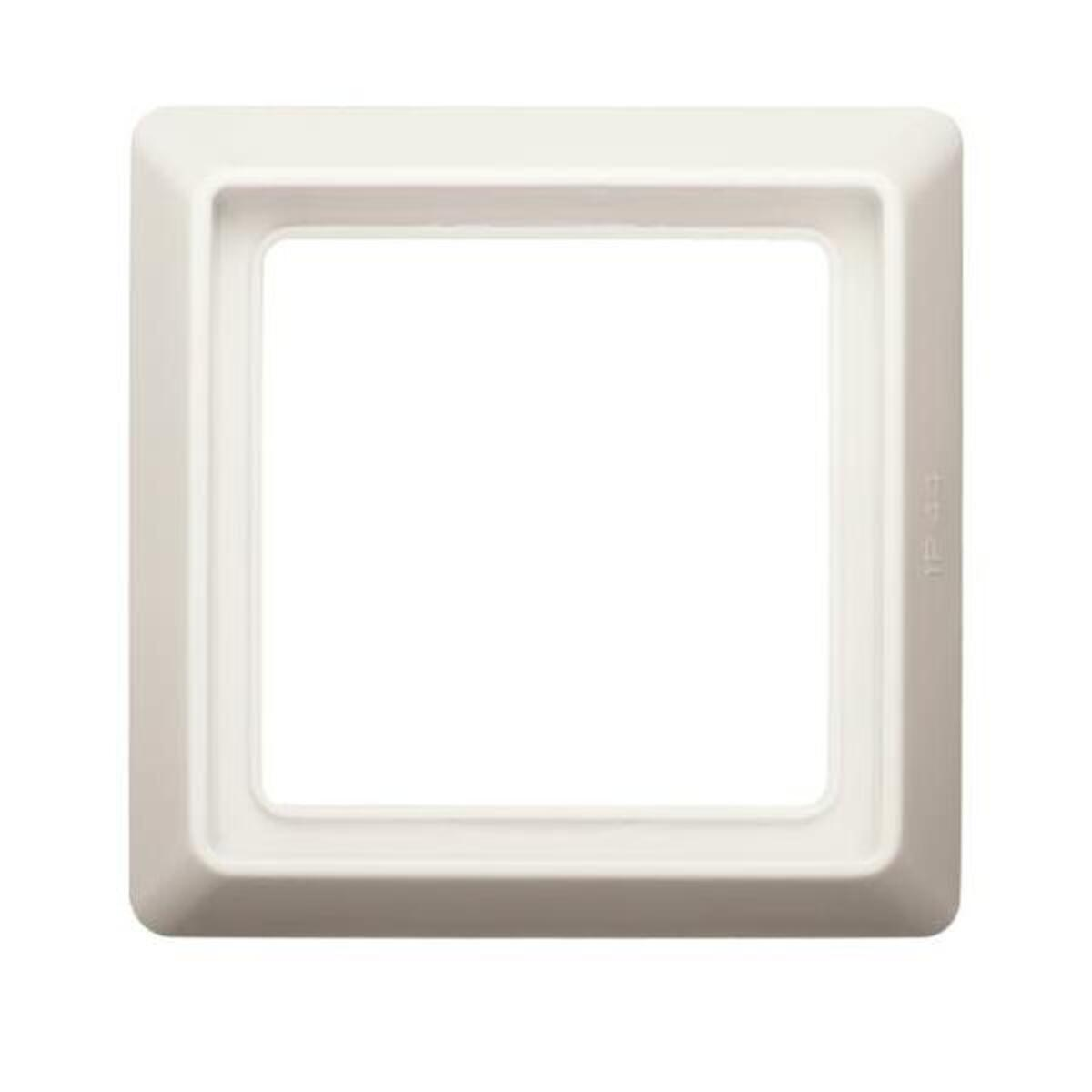 Una placca elettrica quadrata, bianco sporco, con angoli arrotondati e un'apertura quadrata. La superficie è liscia.