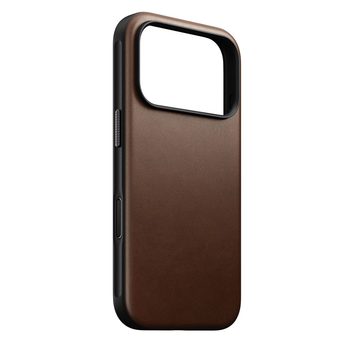 Una custodia per telefono marrone con cornice nera. L'apertura della fotocamera è visibile. È un'inquadratura verticale su sfondo bianco.