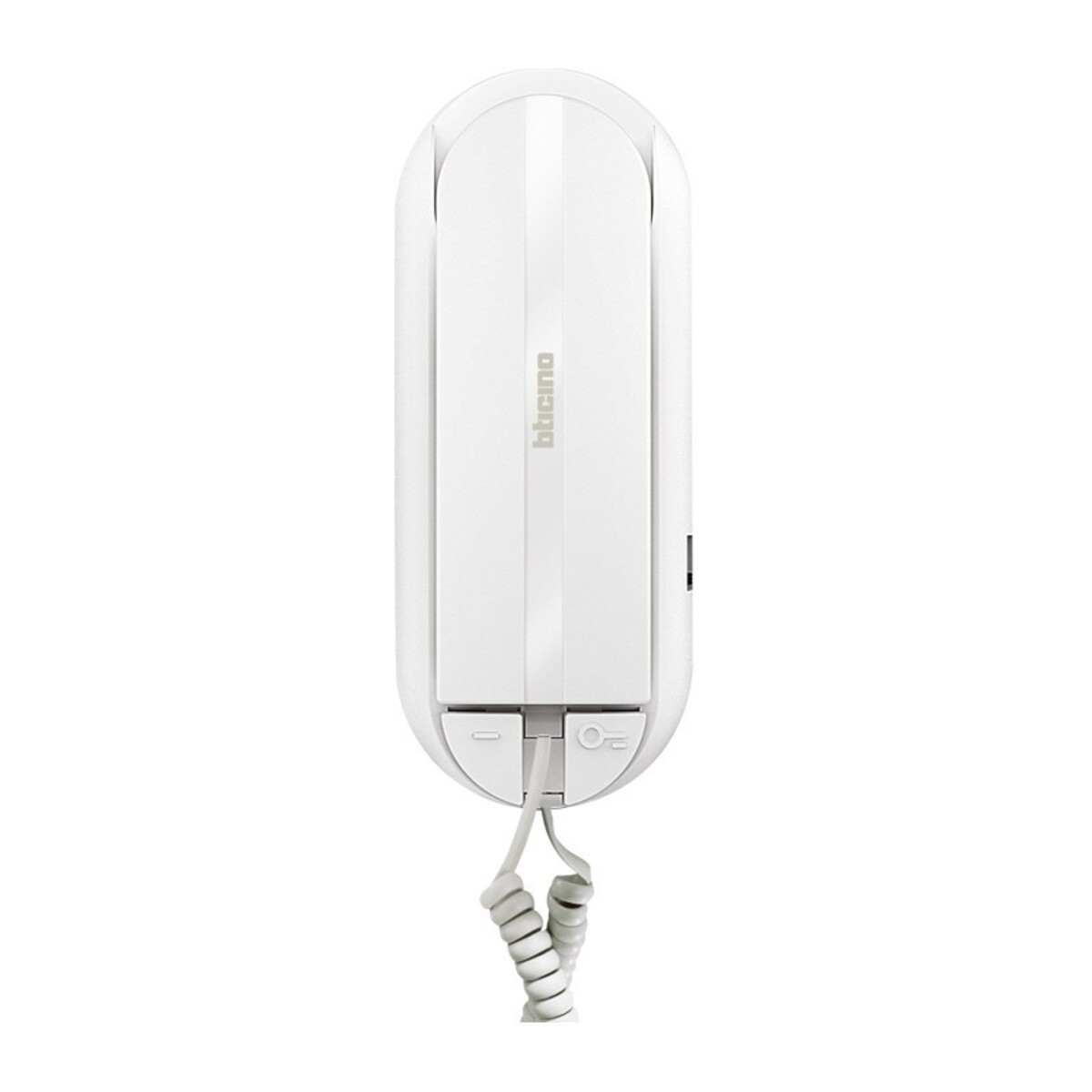 Ein weißes Intercom-Telefon mit Spiralschnur ist auf weißem Hintergrund zentriert. Der Markenname 'bticino' ist sichtbar.