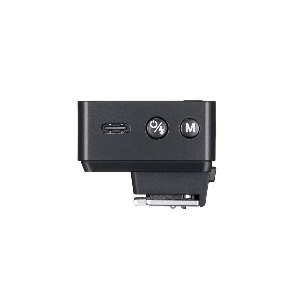 Black rectangular device with buttons and a USB port. Includes power and mode buttons, and a metal shoe mount.