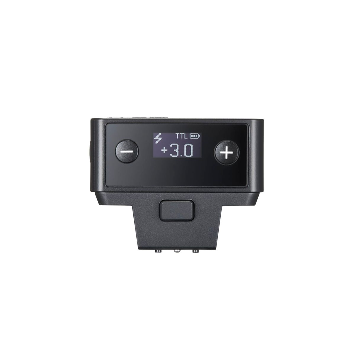 A black device with a screen displaying +3.0 and battery. It has plus and minus buttons and a connector.