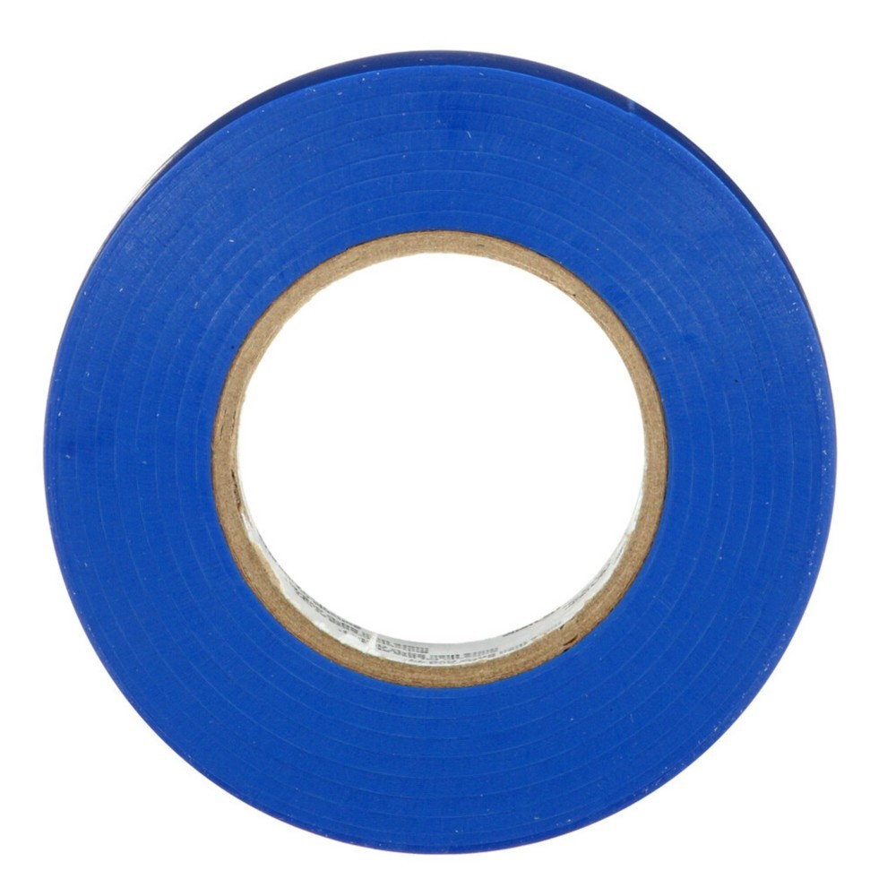 Un rotolo di nastro isolante blu. Il nastro è circolare, con un esterno blu e un'anima in cartone marrone.
