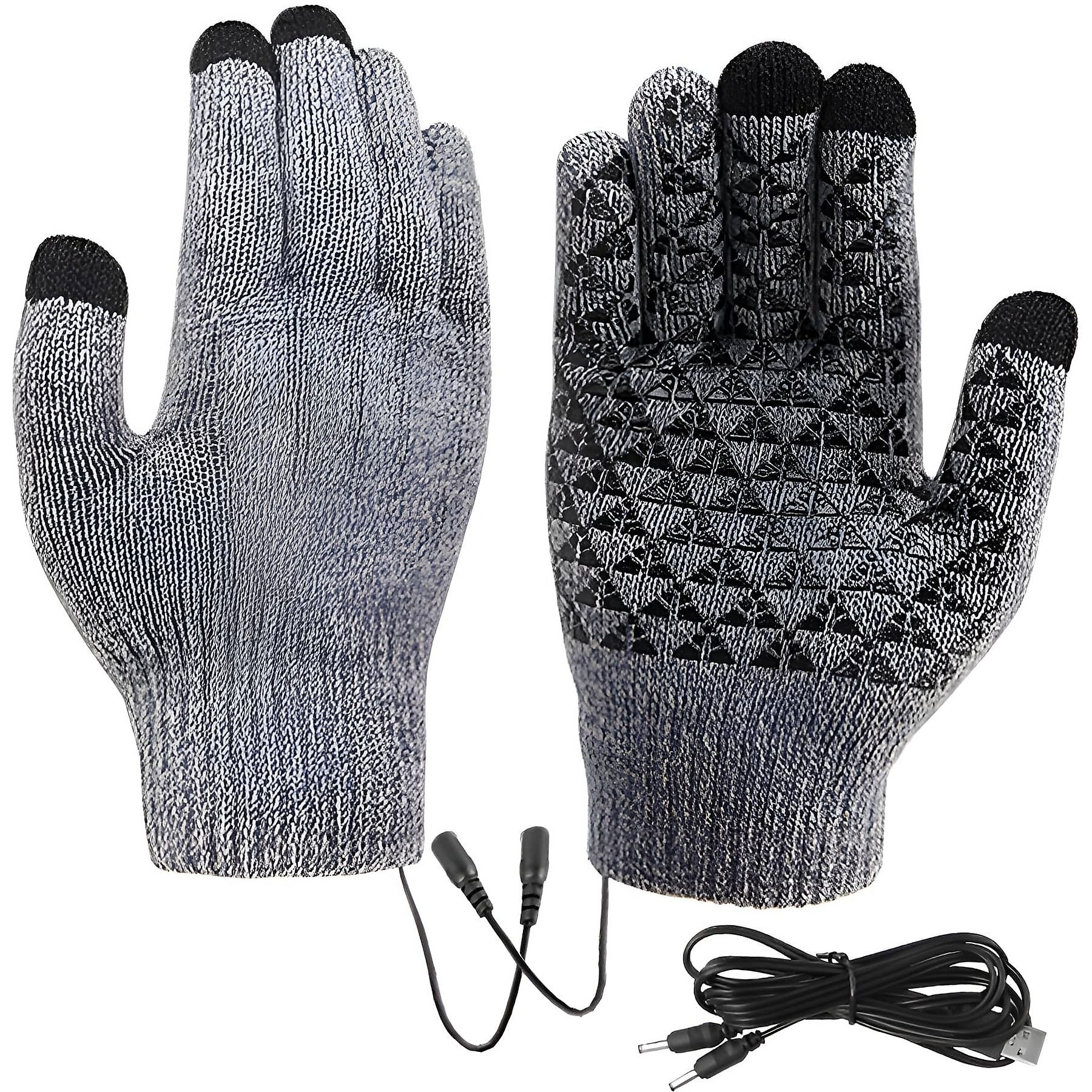 Zwei graue Touchscreen-Handschuhe mit schwarzen Fingerspitzen. Kabel und Stecker sind unten.