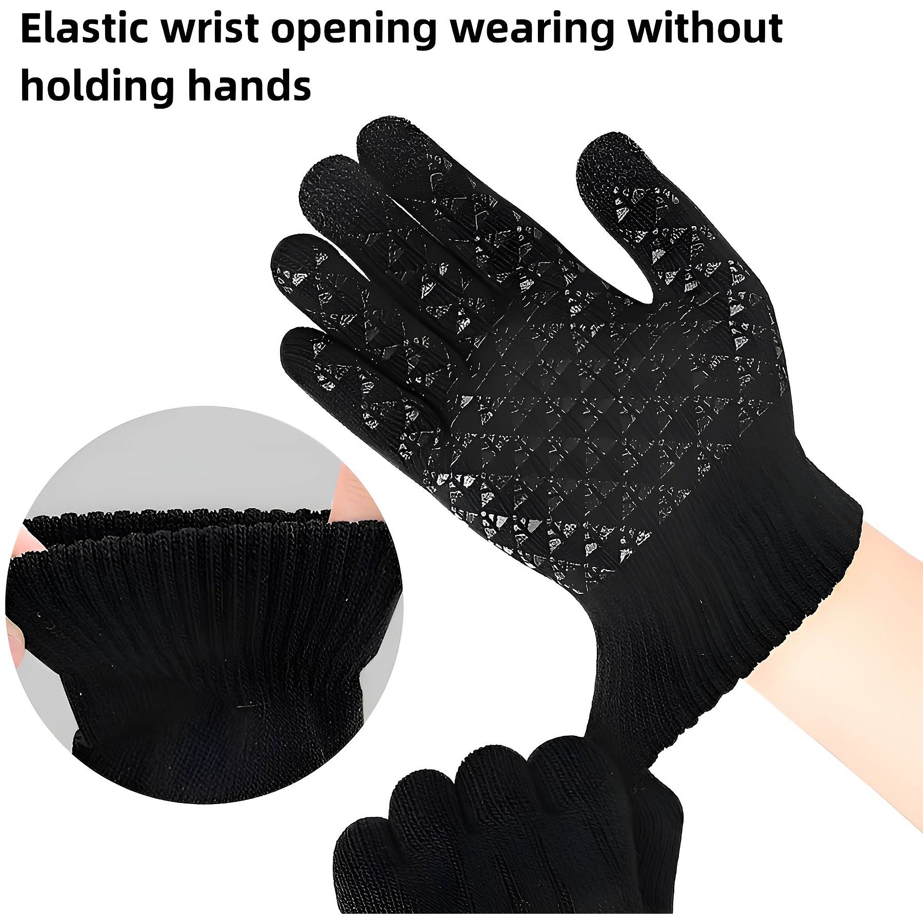 Eine Hand, die einen schwarzen Handschuh mit strukturierter Oberfläche trägt. Eine andere Hand zeigt die elastische Handgelenköffnung.