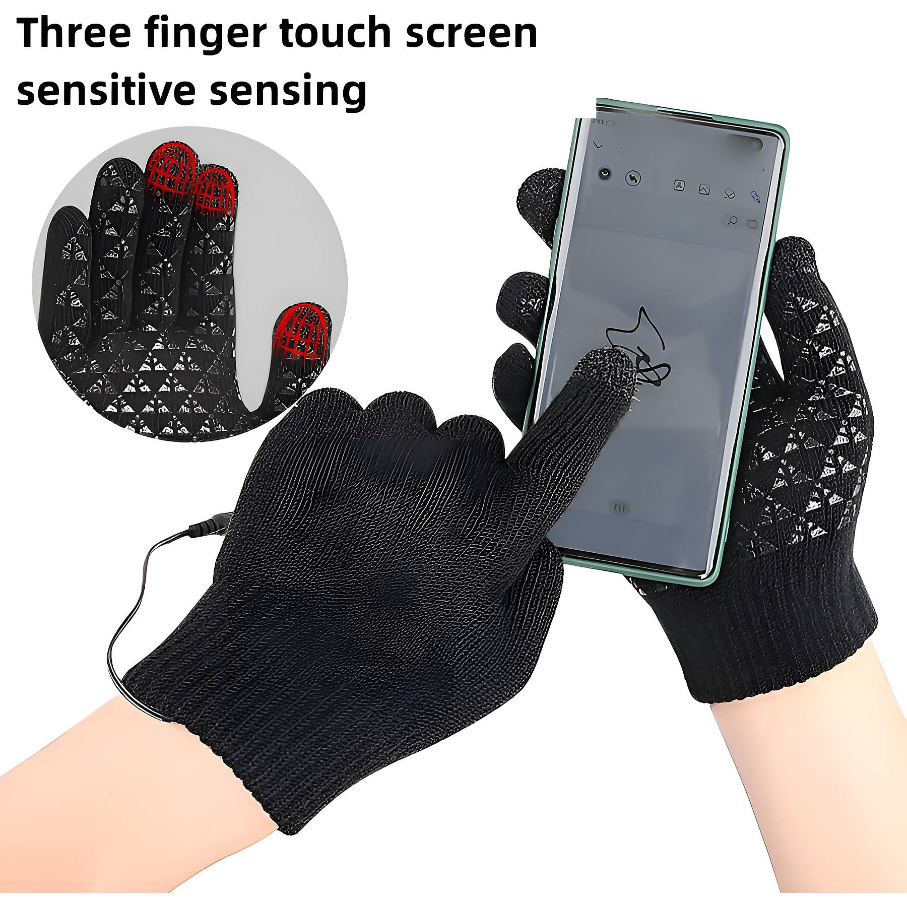 Hände mit schwarzen Handschuhen berühren einen Telefonbildschirm. Die Handschuhe haben rote Akzente an den Fingerspitzen.