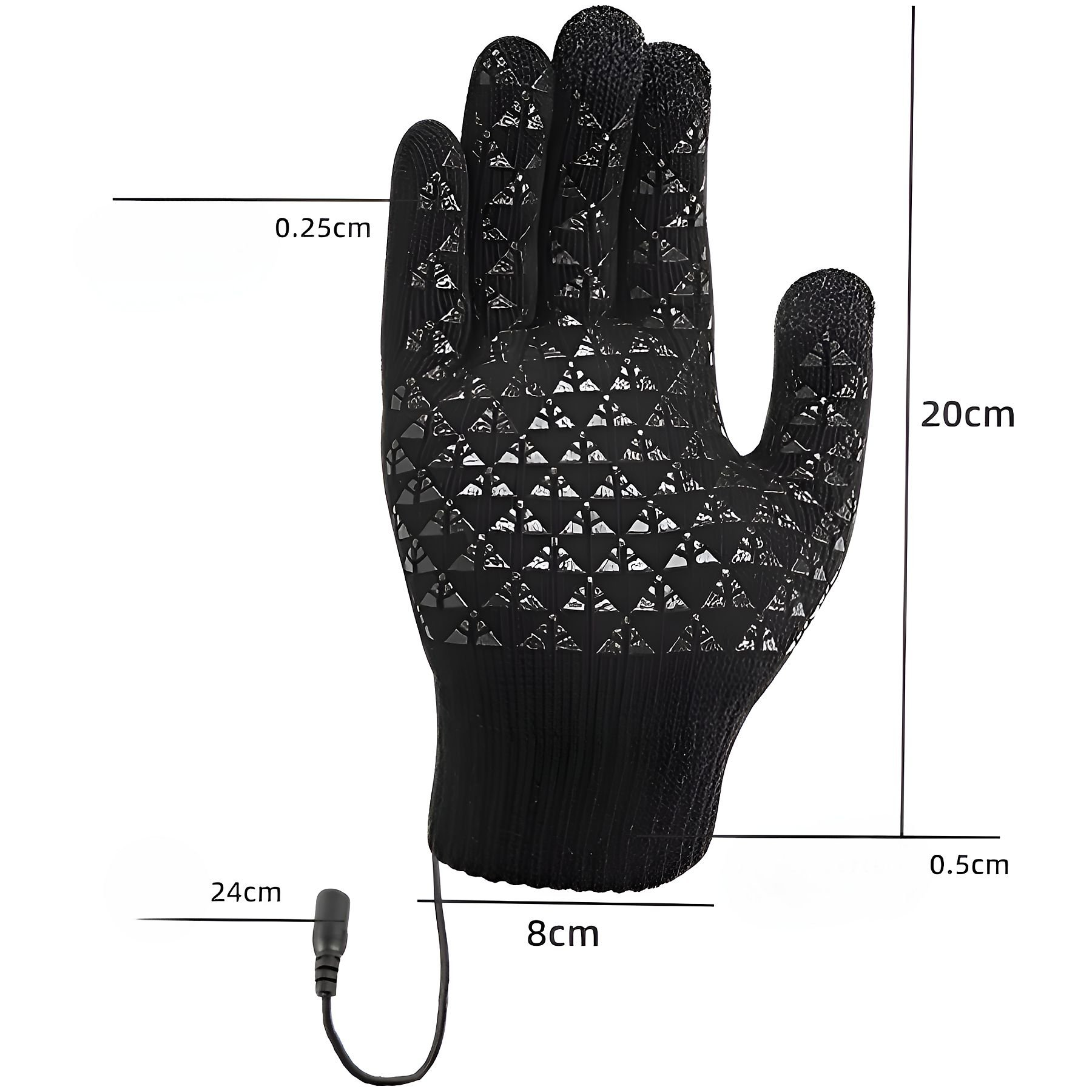 Schwarzer Handschuh mit strukturierter Oberfläche, 20 cm lang, mit Kabel und kleinem Stecker. Abmessungen sind auf dem Bild angegeben.