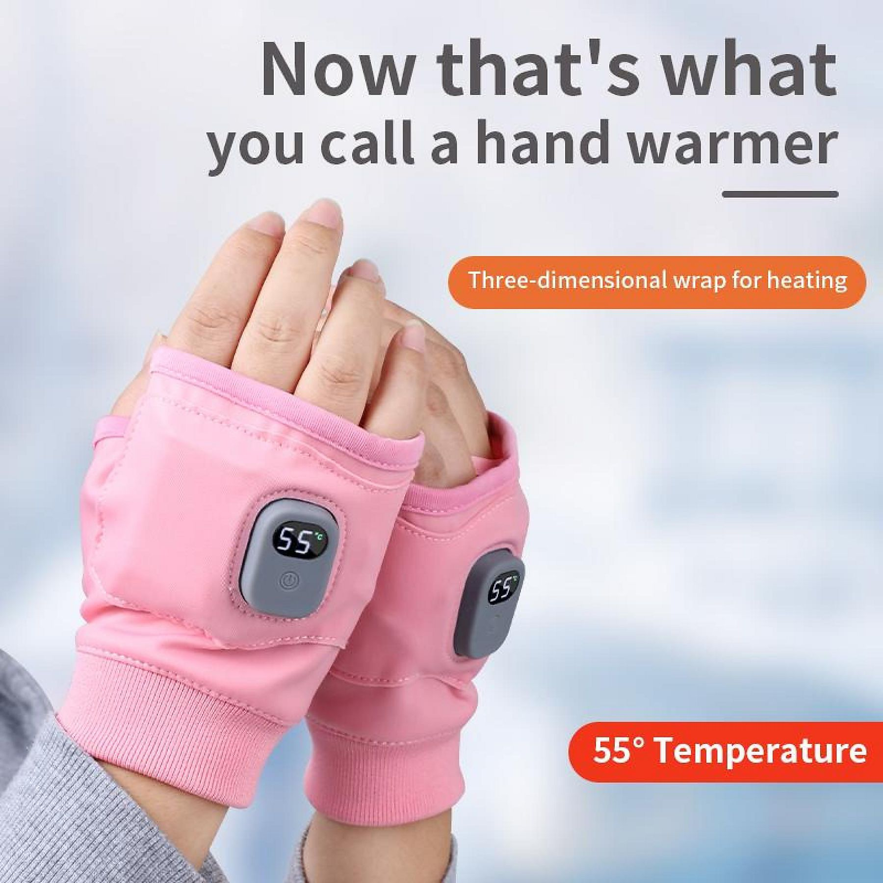 Hände tragen rosa beheizte Handschuhe mit Digitalanzeigen mit 55 Grad. Text sagt Handwärmer und 55° Temperatur.