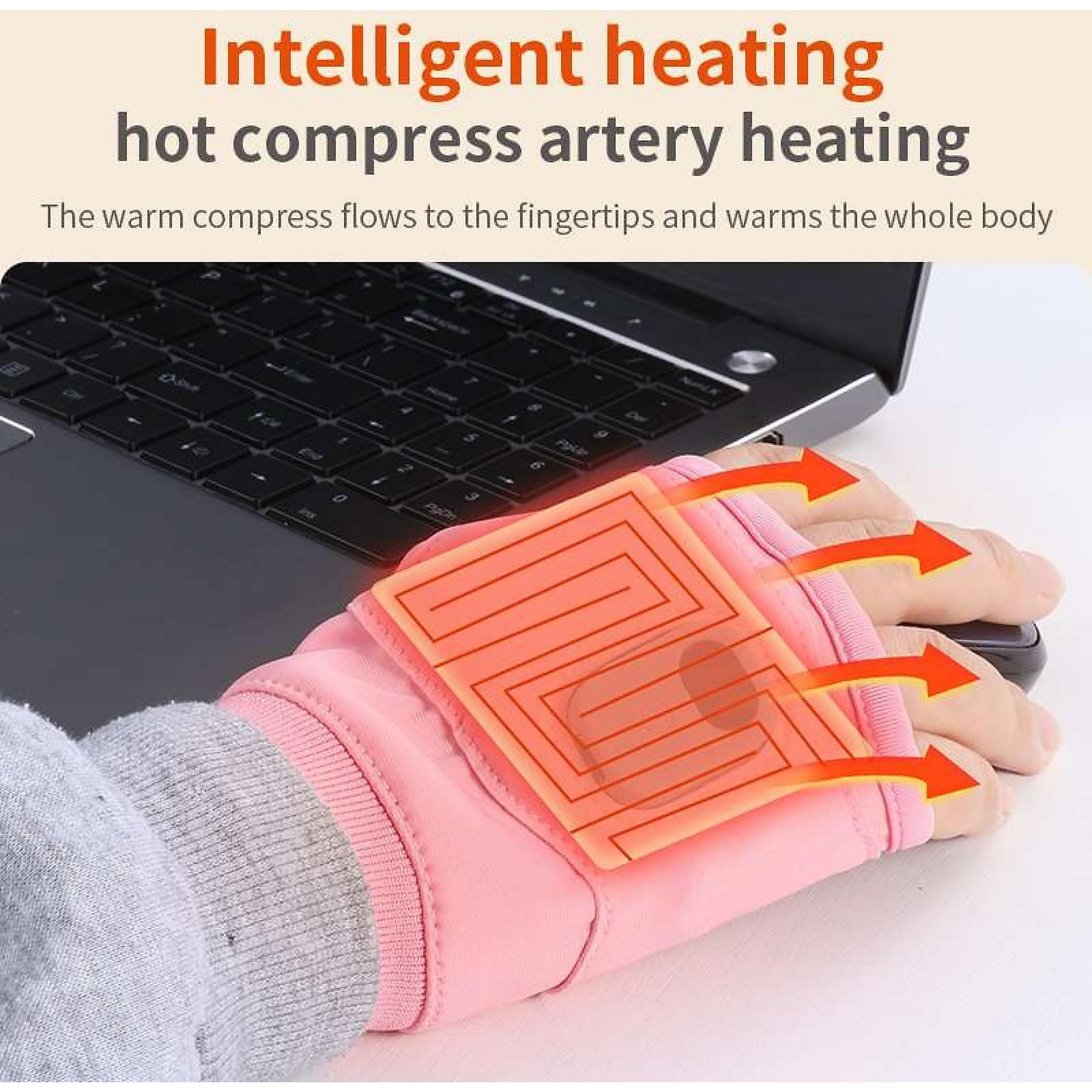 Eine Hand mit einem rosa beheizten Handschuh, ein Laptop und Pfeile, die Wärme zeigen. Der Text lautet 'Intelligente Heizung'.