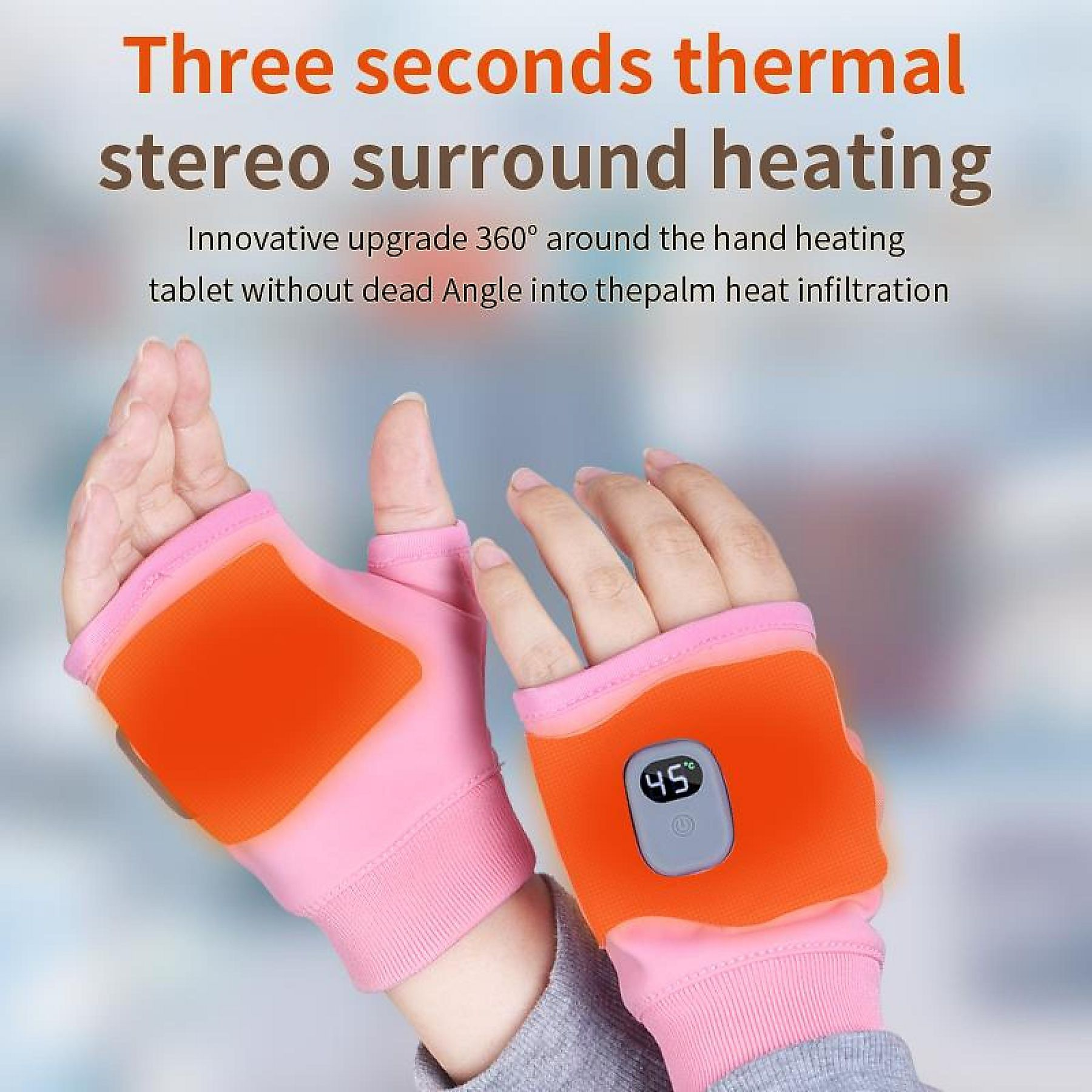 Hände mit rosa-orangenen beheizten Handschuhen und Digitalanzeige mit 45 Grad.