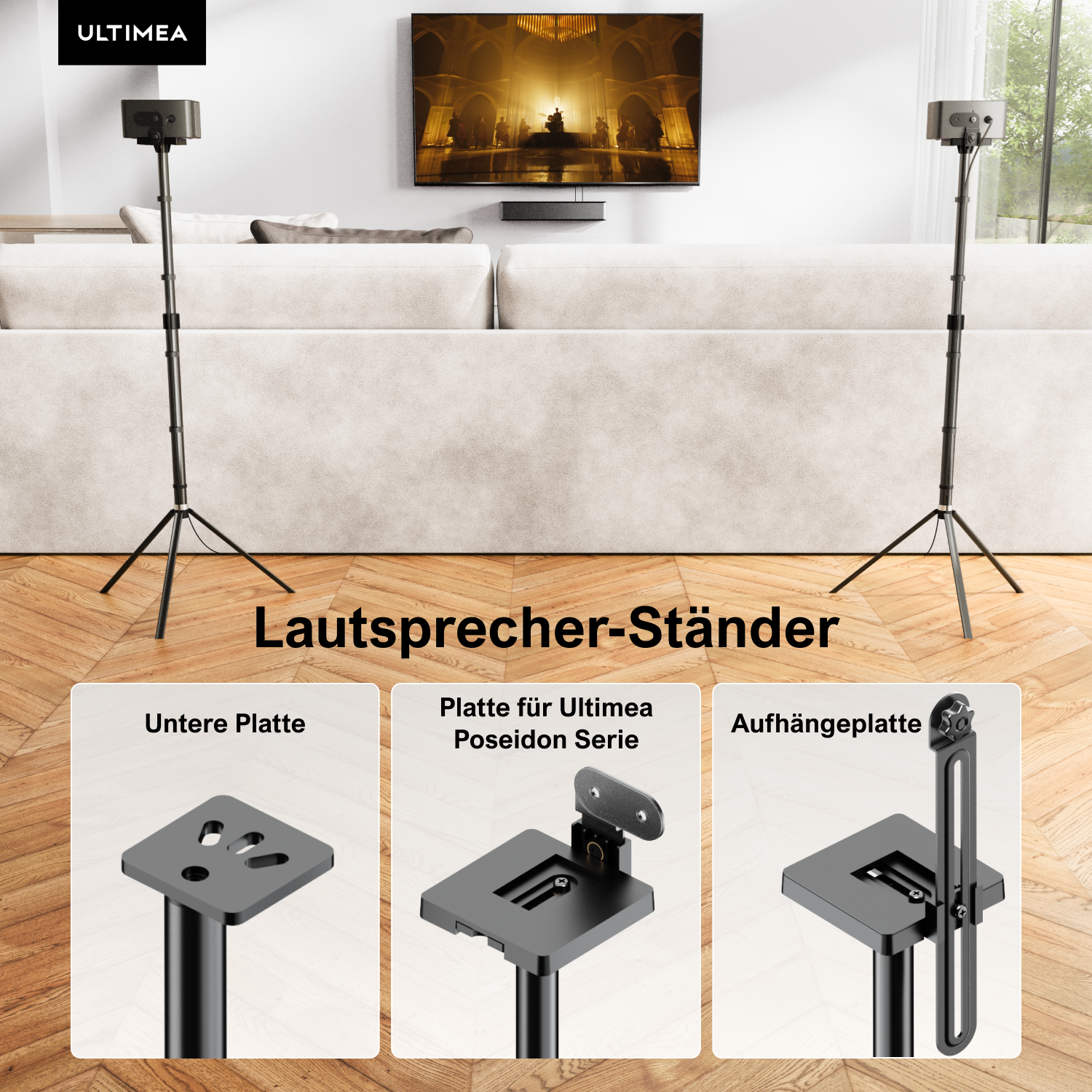 Zwei schwarze Lautsprecherständer mit Lautsprechern, ein Fernseher und ein Sofa. Nahaufnahmen von Ständerteilen sind ebenfalls zu sehen.