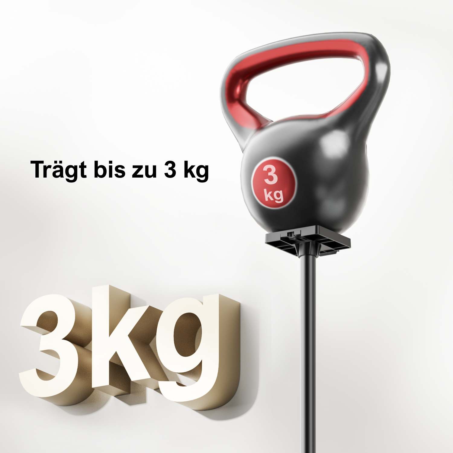 Schwarze Kettlebell mit rotem Griff, die '3 kg' anzeigt. '3 kg' ist auch in 3D geschrieben. Text 'Trägt bis zu 3 kg' ist vorhanden.